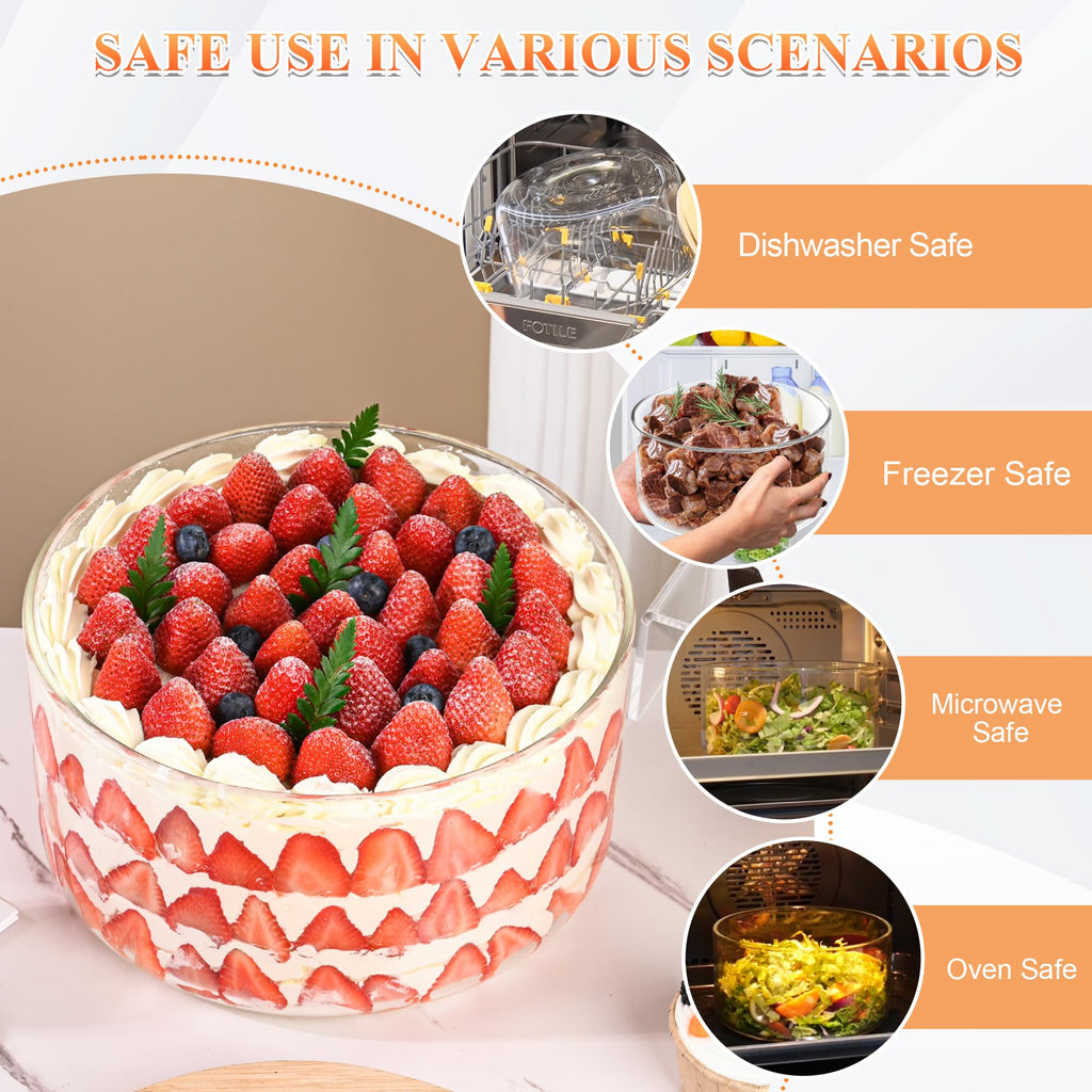 LOVYANXUE 9 inch Large Salad and Trifle Bowl Glass with Lid, 155 oz Versatile Mixing and Serving Dish for Fruit, Laying Ice Cream, Cake, Cupcake, Baking, and Dessert, Microwave Safe