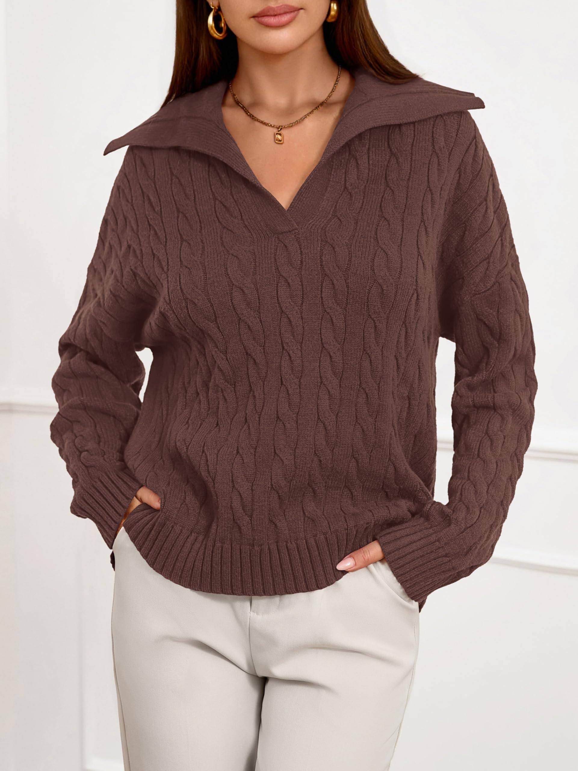 PRETTYGARDEN Spring Cable Knit Oversized Sweaters for Women 2026 Polo V Neck Long Sleeve Casual Chunky Sweater Pullover Tops