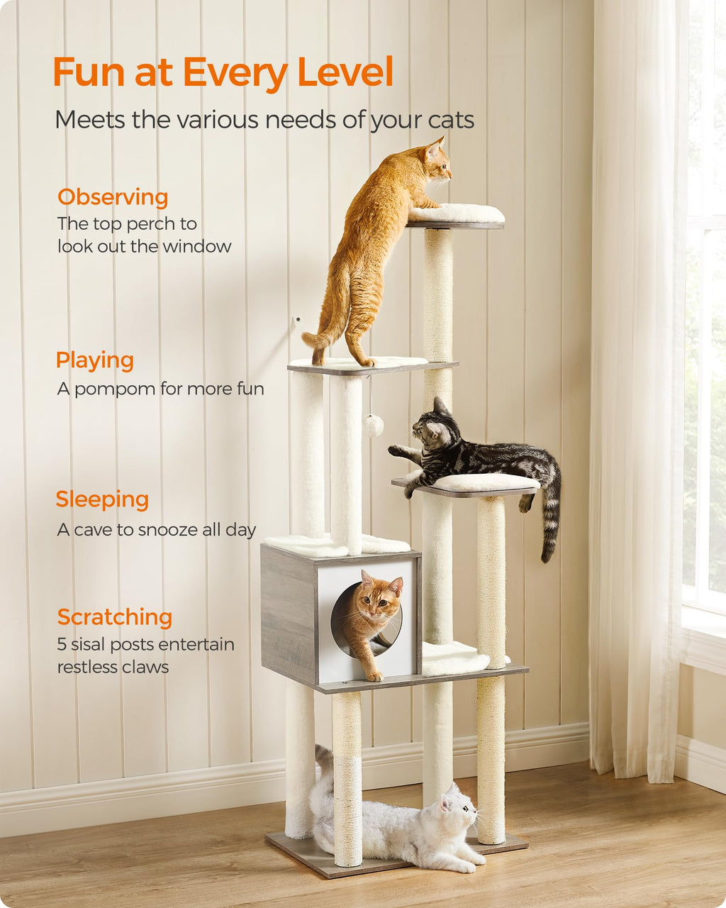 Feandrea Cat Tree, 65-Inch Modern Cat Tower for Indoor Cats, Multi-Level Cat Condo with 5 Scratching Posts, Perch, Washable Removable Cushions, Cat Furniture, Cloud White UPCT166W01