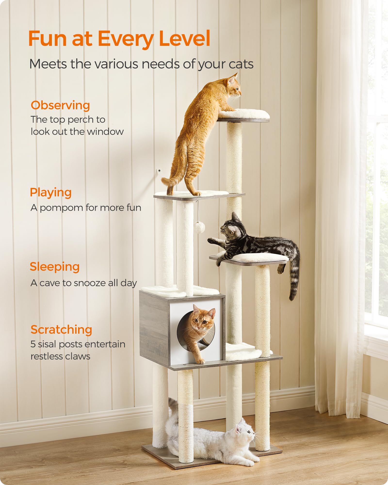 Feandrea Cat Tree, 65-Inch Modern Cat Tower for Indoor Cats, Multi-Level Cat Condo with 5 Scratching Posts, Perch, Washable Removable Cushions, Cat Furniture, Cloud White UPCT166W01
