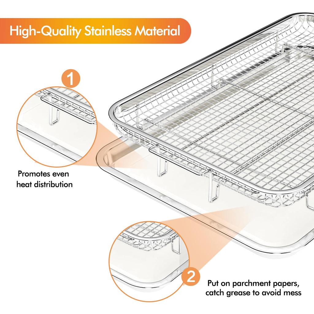 Air Fryer Basket for Oven, Large14.88"×10.98"Air Fryer Pans for Convection Oven with 30 Sheet Parchment Papers, THORSES Non-Stick Stainless Steel Air Fryer Basket and Tray for Multi Cooking - Black
