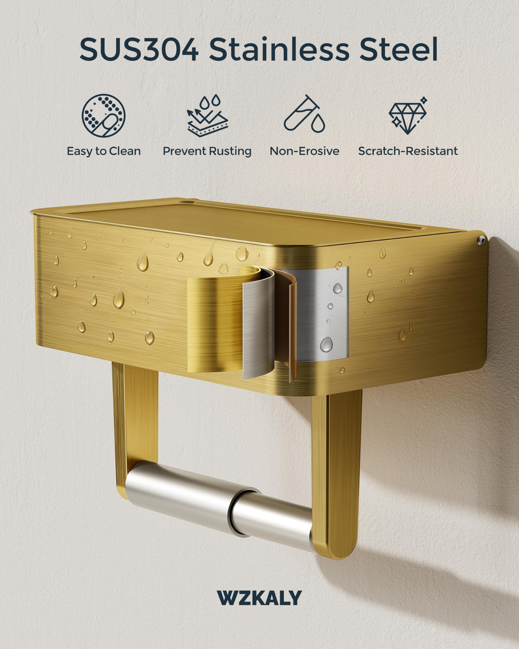 Toilet Paper Holder with Shelf, Wipes Holder for Bathroom, Flushable Wipes Dispenser, Stainless Steel Toilet Paper Roll Holder with Storage for Wet Wipes Wall Mounted (Gold, Regular Roll)
