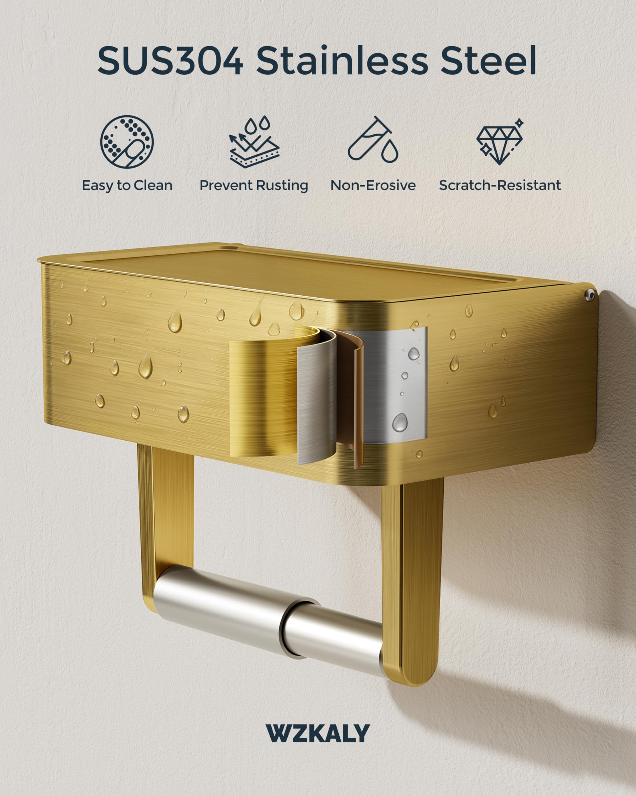 Toilet Paper Holder with Shelf, Wipes Holder for Bathroom, Flushable Wipes Dispenser, Stainless Steel Toilet Paper Roll Holder with Storage for Wet Wipes Wall Mounted (Gold, Regular Roll)