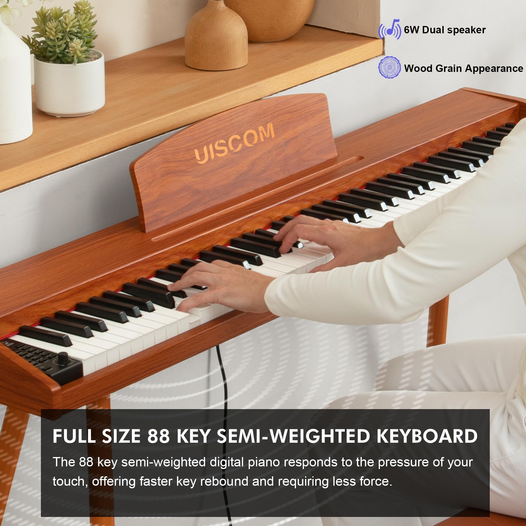 UISCOM Digital Piano Keyboard for Beginners, Full Size 88 Key Semi-Weighted Keyboard Electric Piano with Stand,Power Adapter,Sheet Music Stand,Pedal,Headphone,USB-MIDI Compatible,Wood Grain Apricot