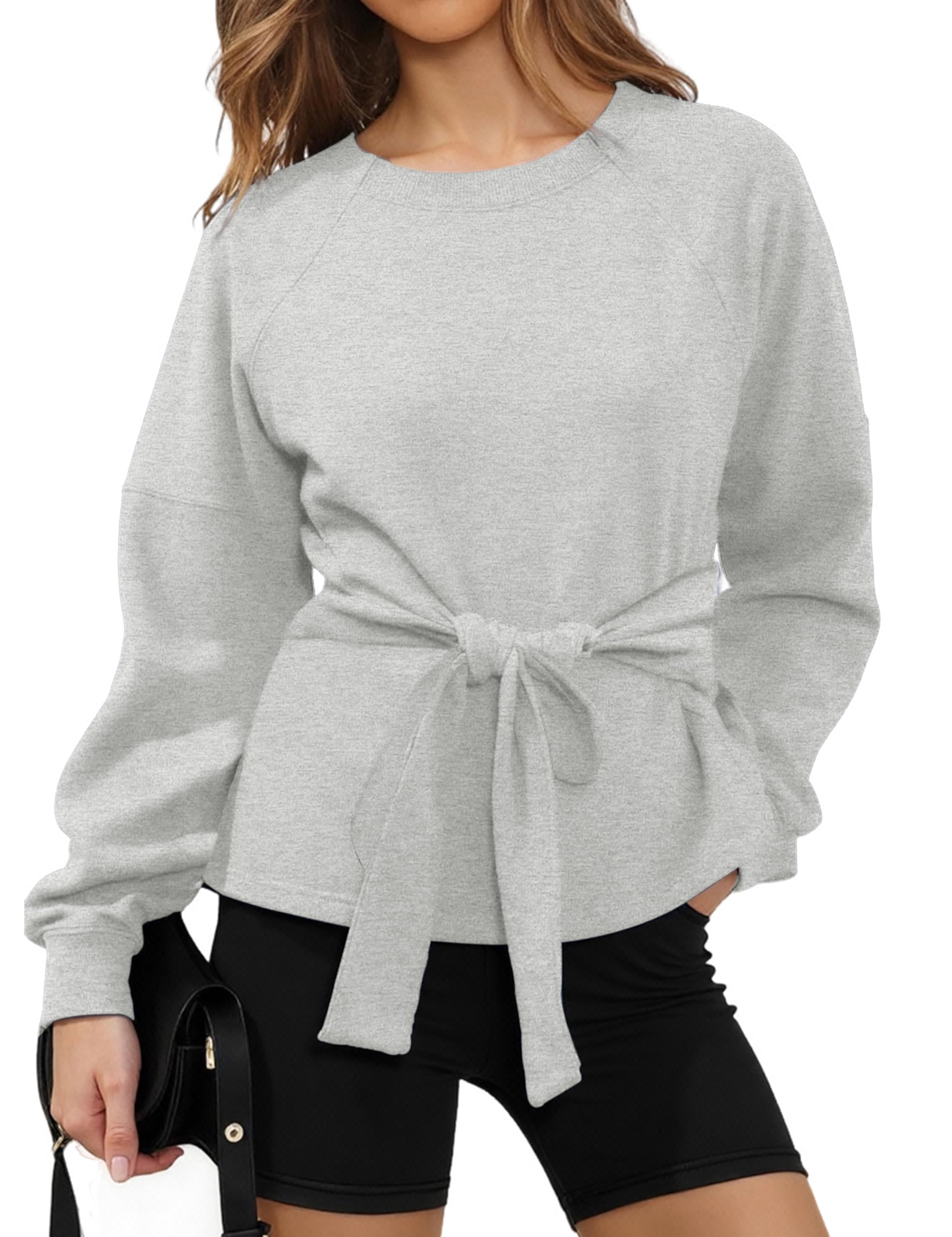 Zhiyouni Women's Long Sleeves Shirt Tops Casual 2026 Fall Fashion Crewneck Tie Knot Sweatshirt Pullover