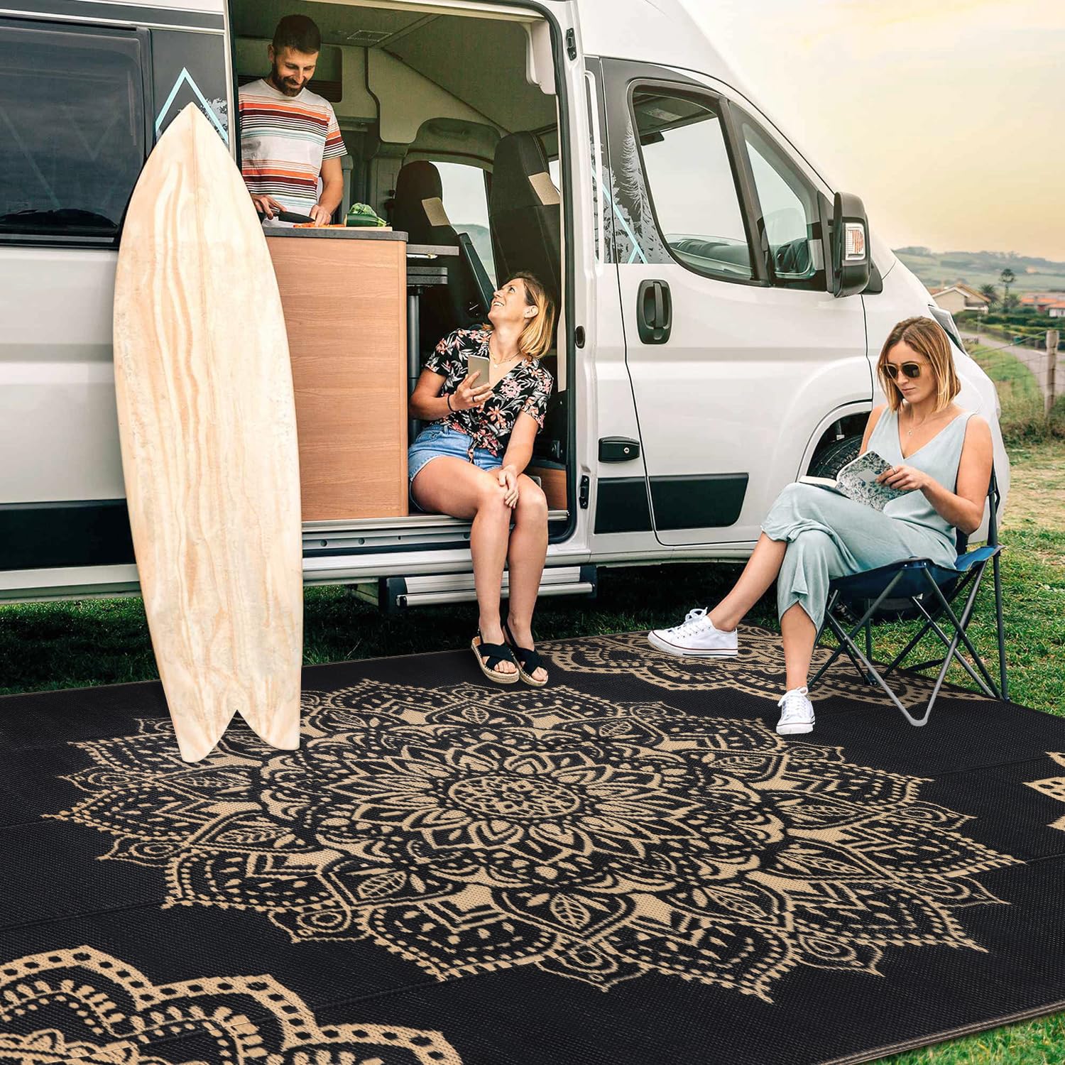 Yamaziot Waterproof Outdoor Rug 5x8 ft, Reversible Plastic Straw Rug for Patio Clearance, Camping, RV Mat, Outside Rug Carpet for Porch, Deck, Backyard, Balcony, Picnic,Black Brown