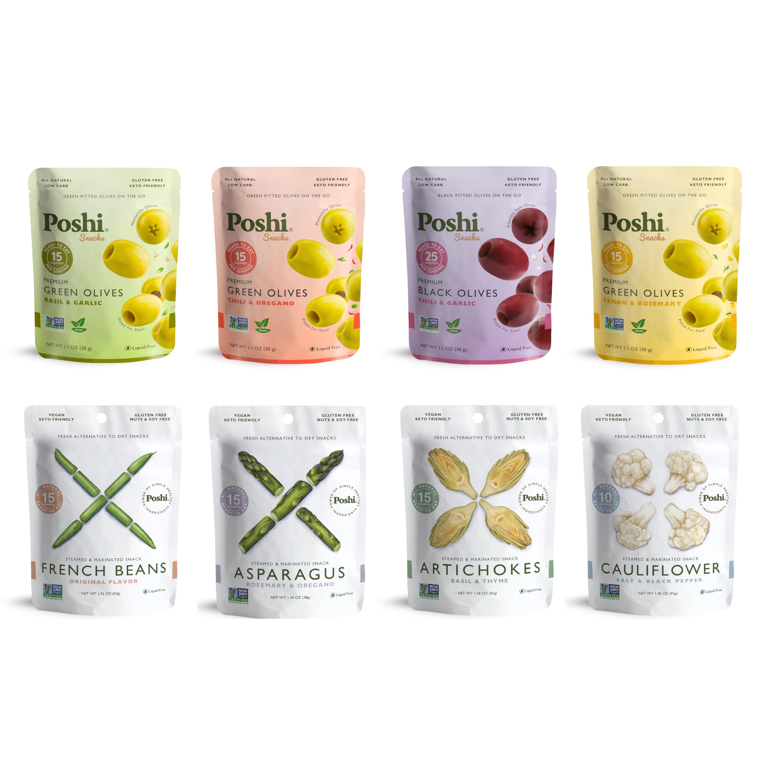POSHI Green Pitted Olives - Basil & Garlic | Vegan, Kosher, Gluten Free + Keto Friendly, Fresh, Low Calorie Healthy Snacks | (30 Pack, 1.1oz Bags)