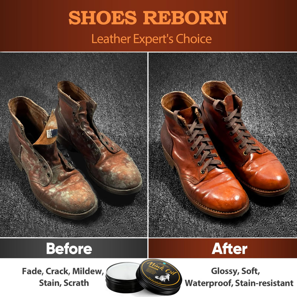 Feilove 4-in-1 Mink Oil Leather Conditioner and Cleaner 3.52 oz - Premium Waterproof Formula for Boots and Shoes