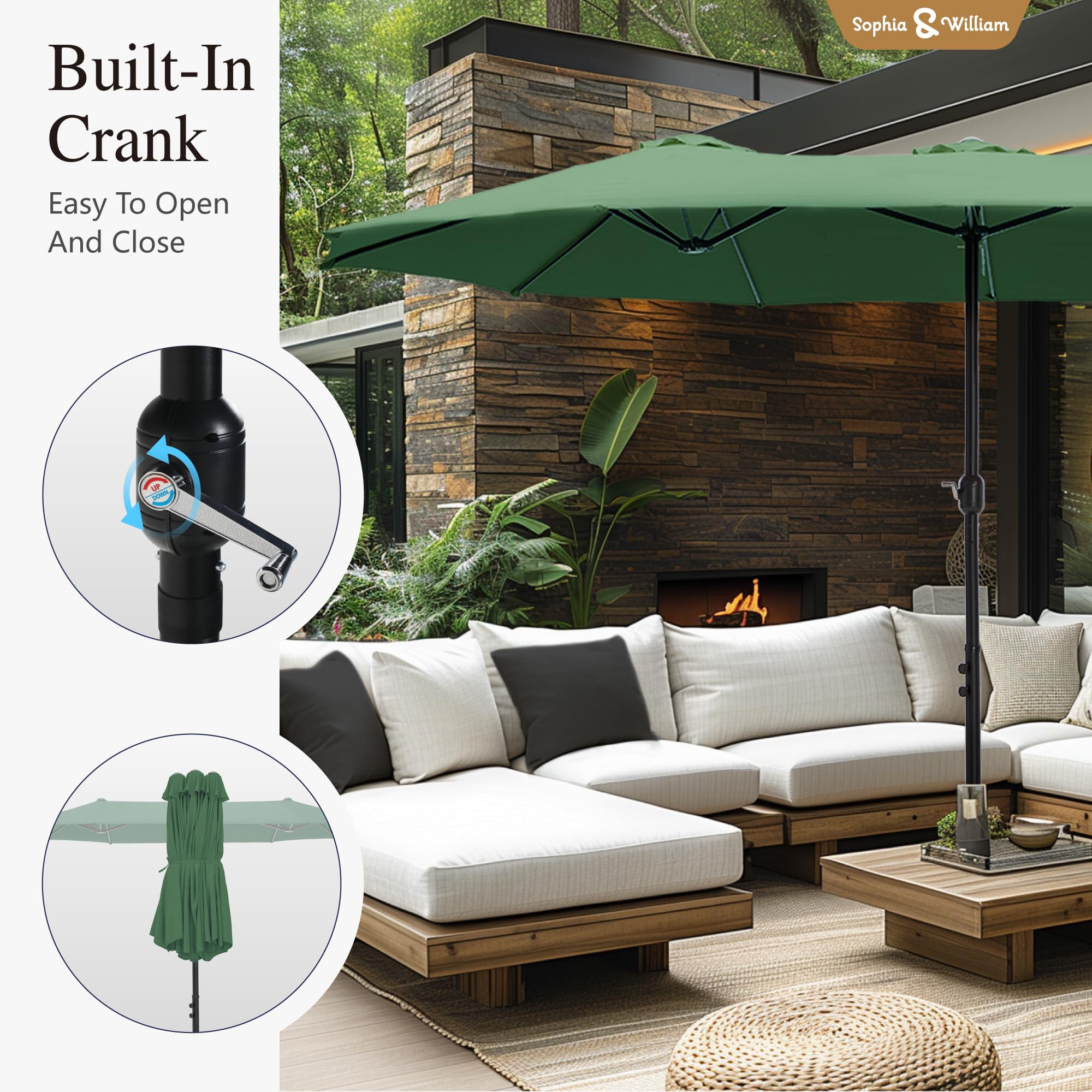 Sophia & William 15 ft Extra Large Patio Umbrella with Base Included, Rectangular Outdoor Umbrella Heavy Duty, Market Umbrella Double-sided Fade Resistant for Pool Garden Backyard, Beige