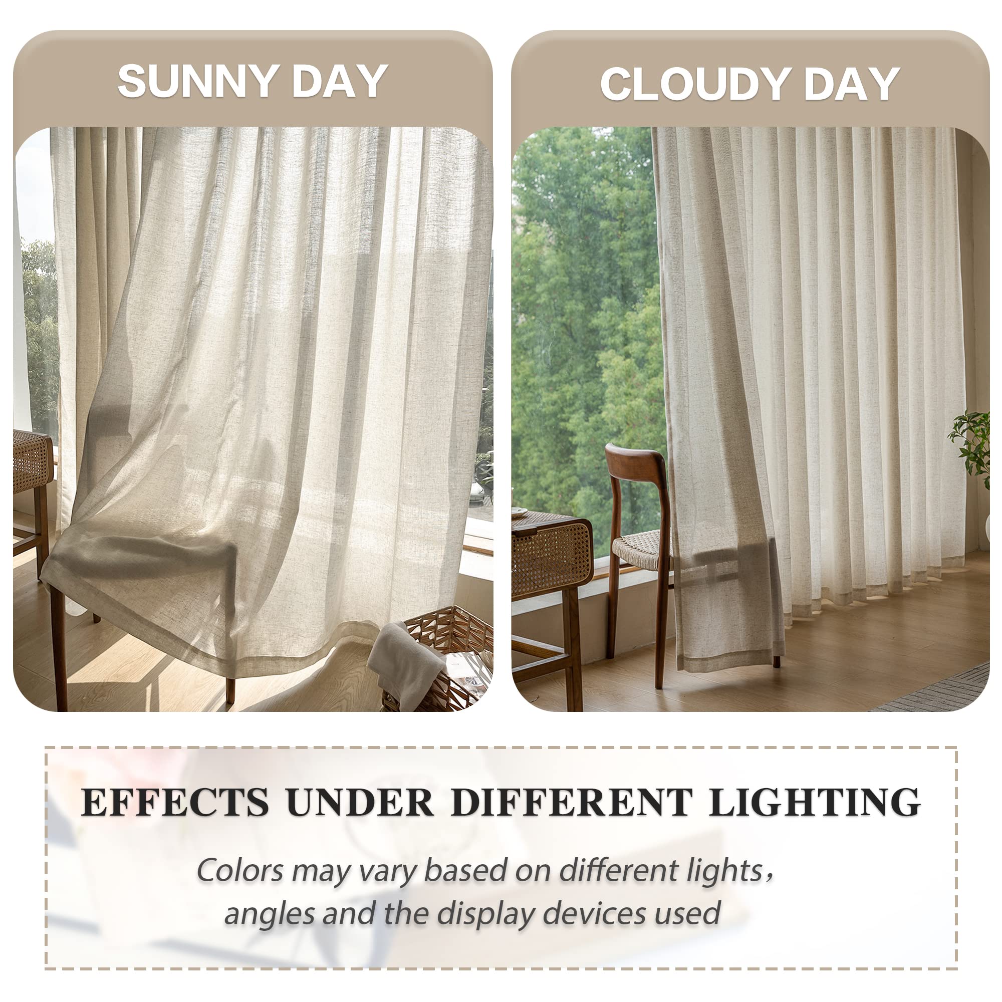 MAIHER Linen Textured Pleated Curtains 63 Inches Long for Living Room, Light Filtering Pinch Pleat Semi Sheer Drapes Curtains with Tieback and Hooks, Natural Linen (1 Panel, 54" W x 63" L)