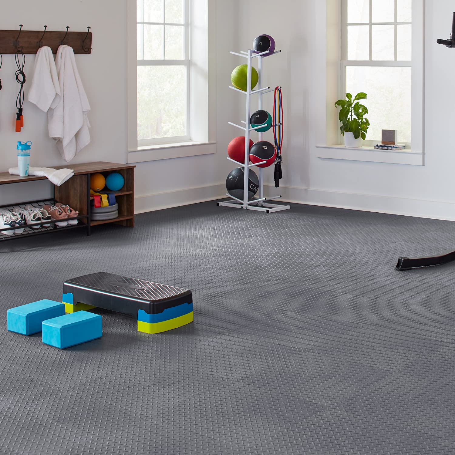 VersaTex Garage Floor 18 x 18 inch Square Rubber Diamond Plate Interlocking Floor Tiles for Home Gym, Garage Flooring, Trade Show Flooring, Basement Tiles, 24 Pack (Black)