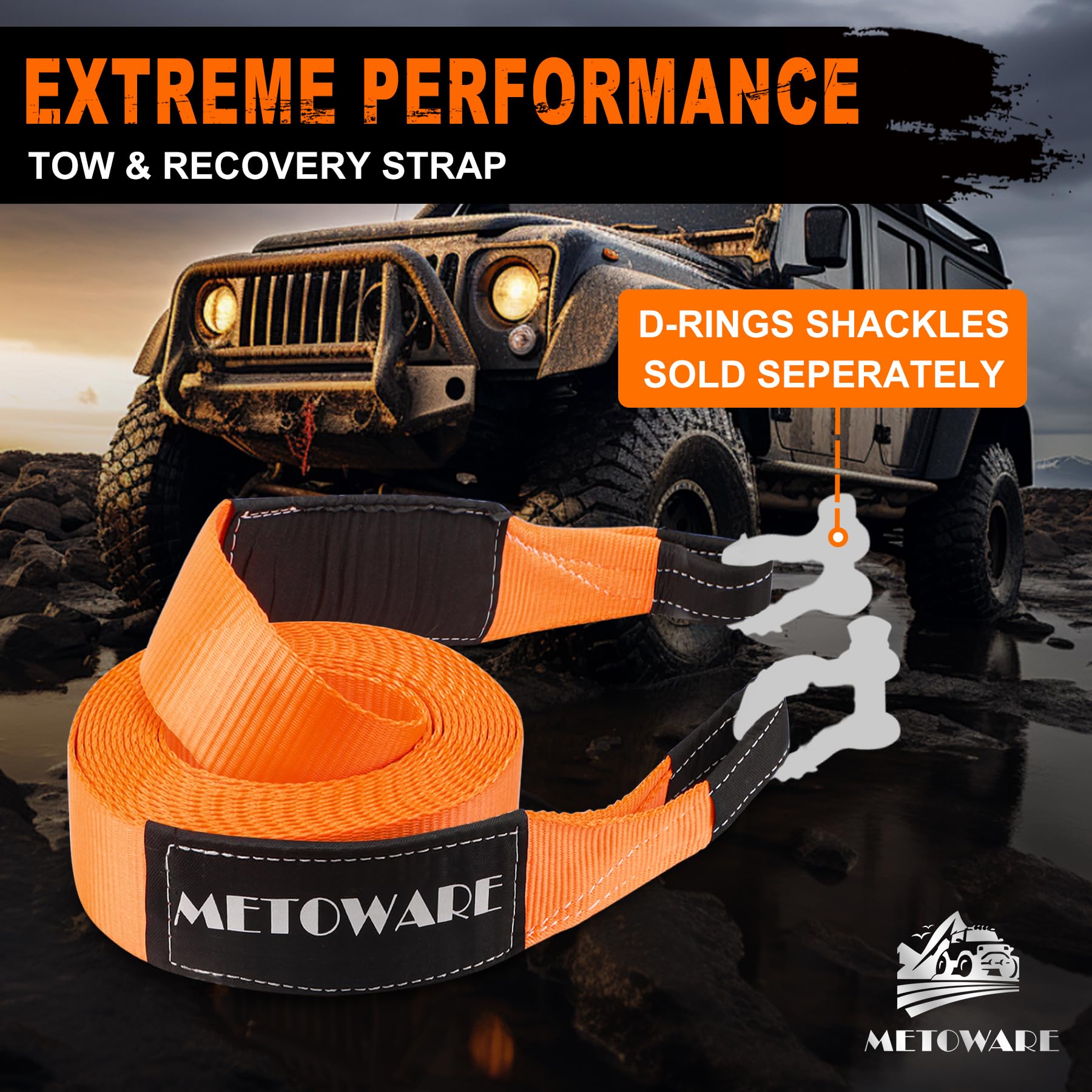 METOWARE Recovery Tow Strap Kit 3" x 20ft, Heavy Duty Recovery Strap 35,000lbs Break Strength with 3/4" D Ring Shackles(2pcs) & Storage Bag, Emergency Off Road Towing Rope for SUV, UTV, ATV, Truck