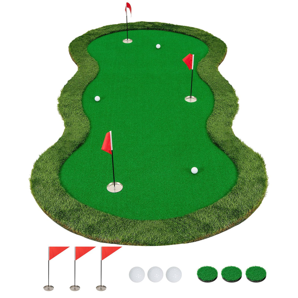 Tangkula 10 FT Golf Putting Green, Large Professional Golf Training Mat with Realistic Artificial Grass Turf, 3 Holes, 3 Flags and Cups for Indoor Outdoor Putting Practice