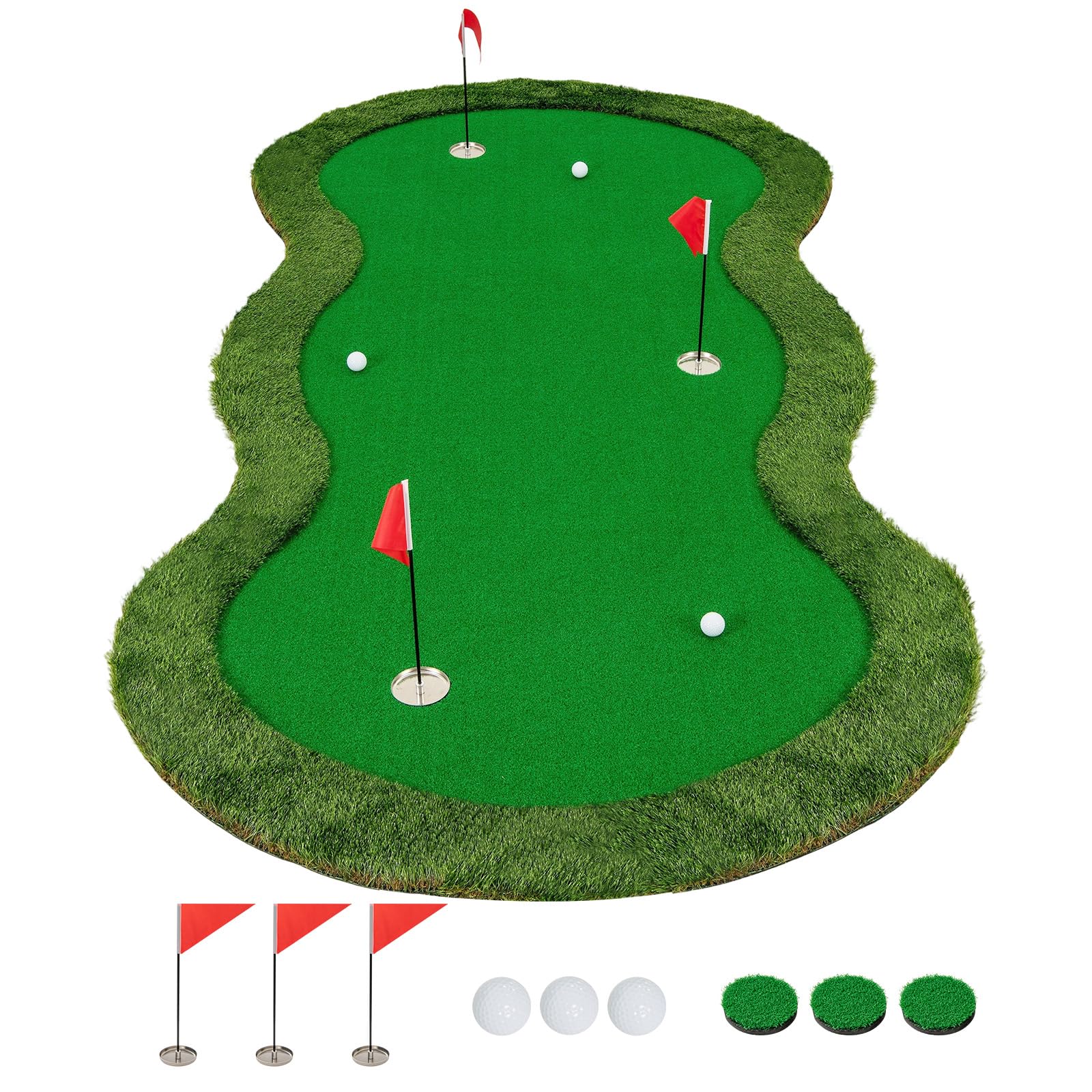 Tangkula 10 FT Golf Putting Green, Large Professional Golf Training Mat with Realistic Artificial Grass Turf, 3 Holes, 3 Flags and Cups for Indoor Outdoor Putting Practice
