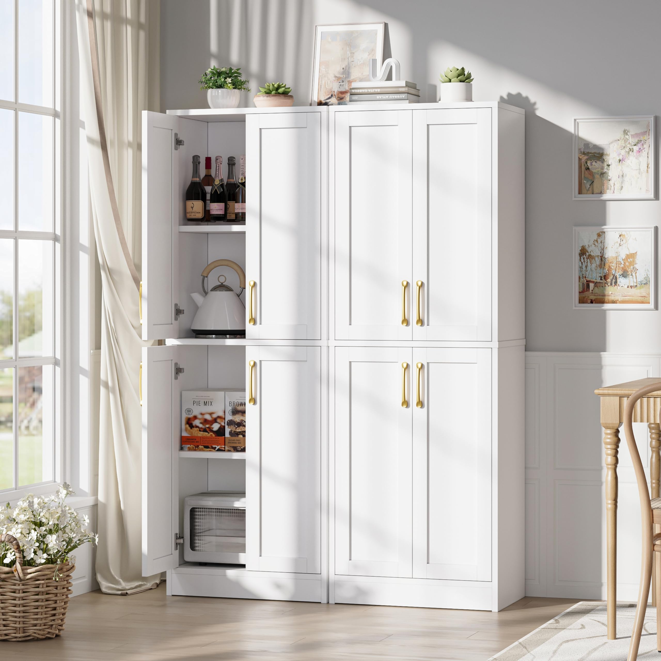 Pantry - Kitchen Pantry Cabinet with 4 Doors and Adjustable Shelves, Tall Black Cabinet Freestanding Storage Cupboard for Dining Room Living Room, Laundry, Bathroom (Black)