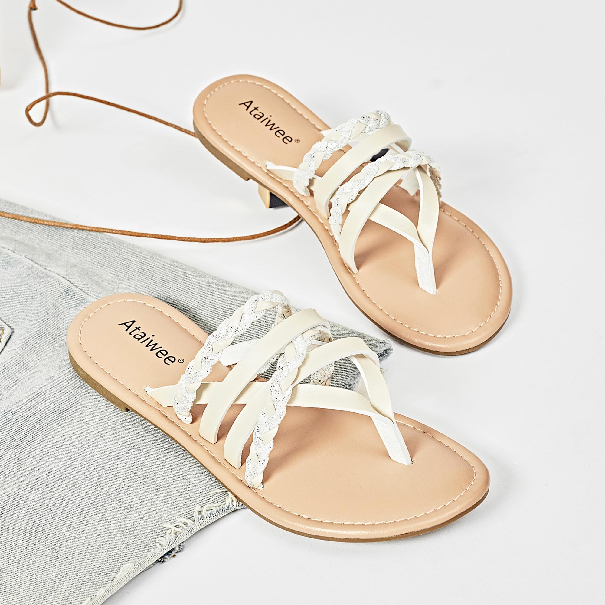 Ataiwee Women's Casual Flat Slide Sandals - Dressy Comfortable Criss Cross Strappy Summer Sandals,Open Toe Multi Strap Beach Flat Thong Sandals.