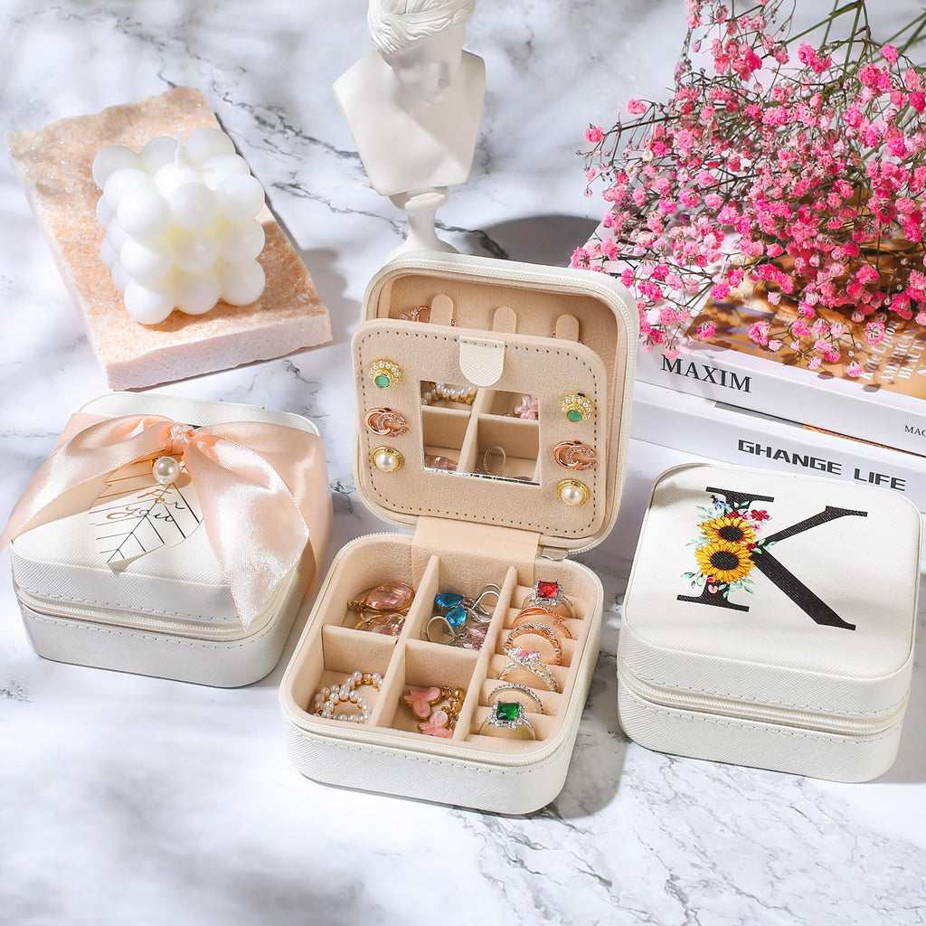 AYGXU Travel Jewelry Box for Women and Girls - Small Case With Initial A-Z - Teacher Gifts