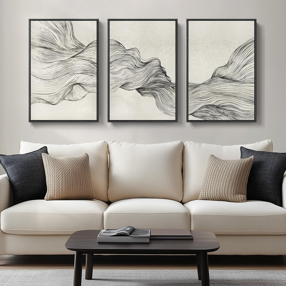 Framed Black and White Modern Abstract Wall Art, 3 Piece Canvas Prints Paintings Artwork for Walls, Minimalist Black White Grey Pictures for Living Room Dining Room Bedroom Office Wall Decor 16x24 In