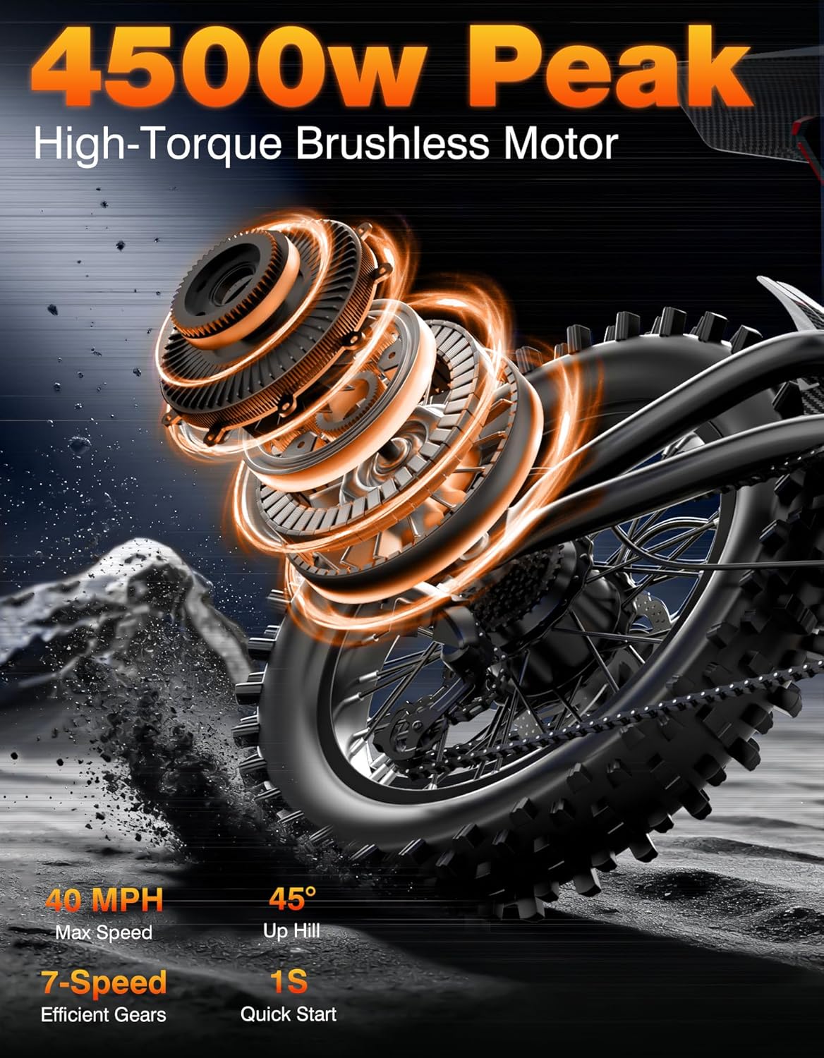 ASKGO Electric Dirt Bike, 4500W Peak Motor, 65KM/H Fast Electric Bike, 48V 25Ah Battery,160KM, Hydraulic Brakes, Full Suspension, 7-Speed Gear, 5 PAS Mode, 16" Off-Road E-Bike for Adults & Teens