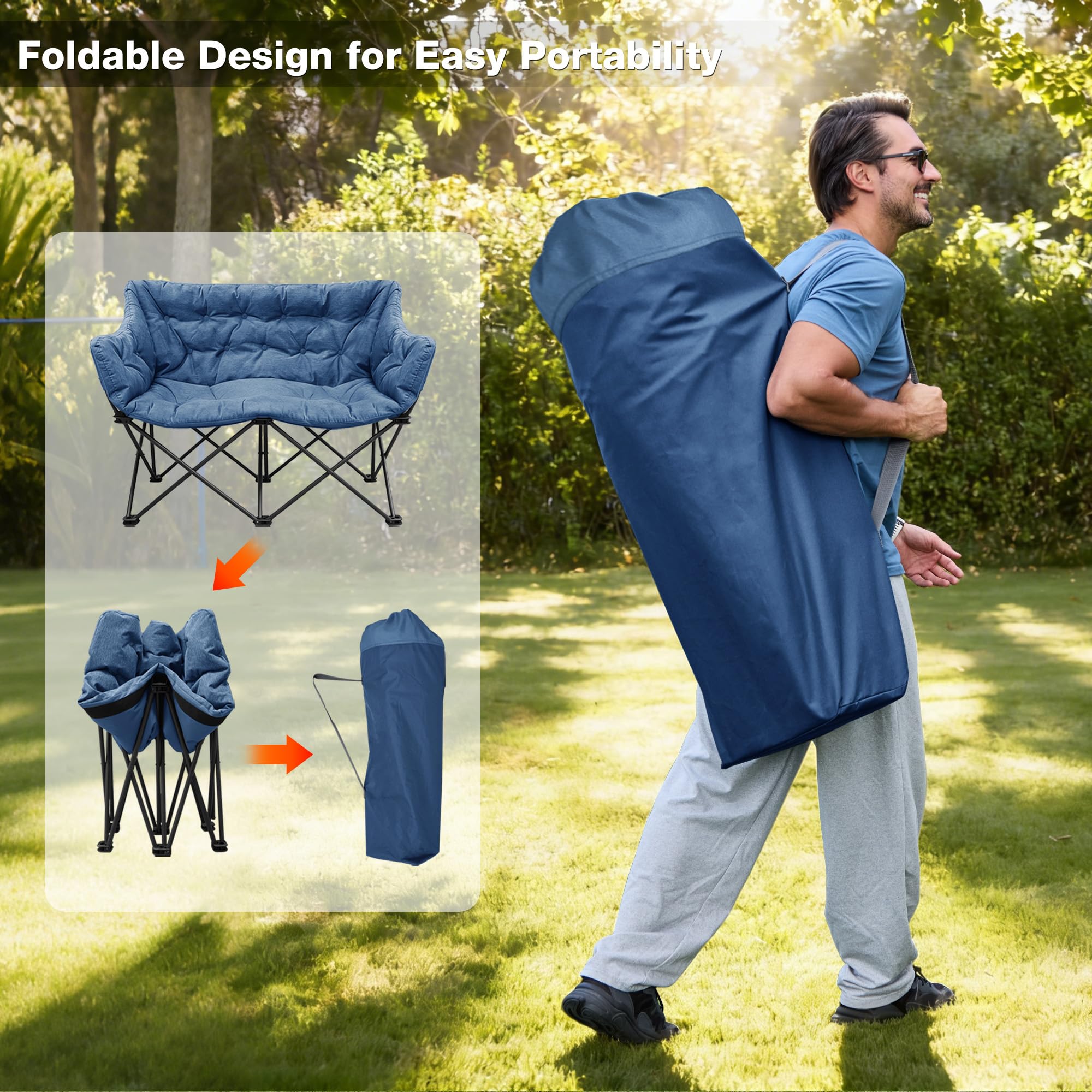 Double Camping Chair Heavy Duty Oversized Padded Loveseat for Adults 2 Person Outdoor Portable Camping Chairs for Lawn, Backyard, Fishing, Trip, Support 600lbs, Grey