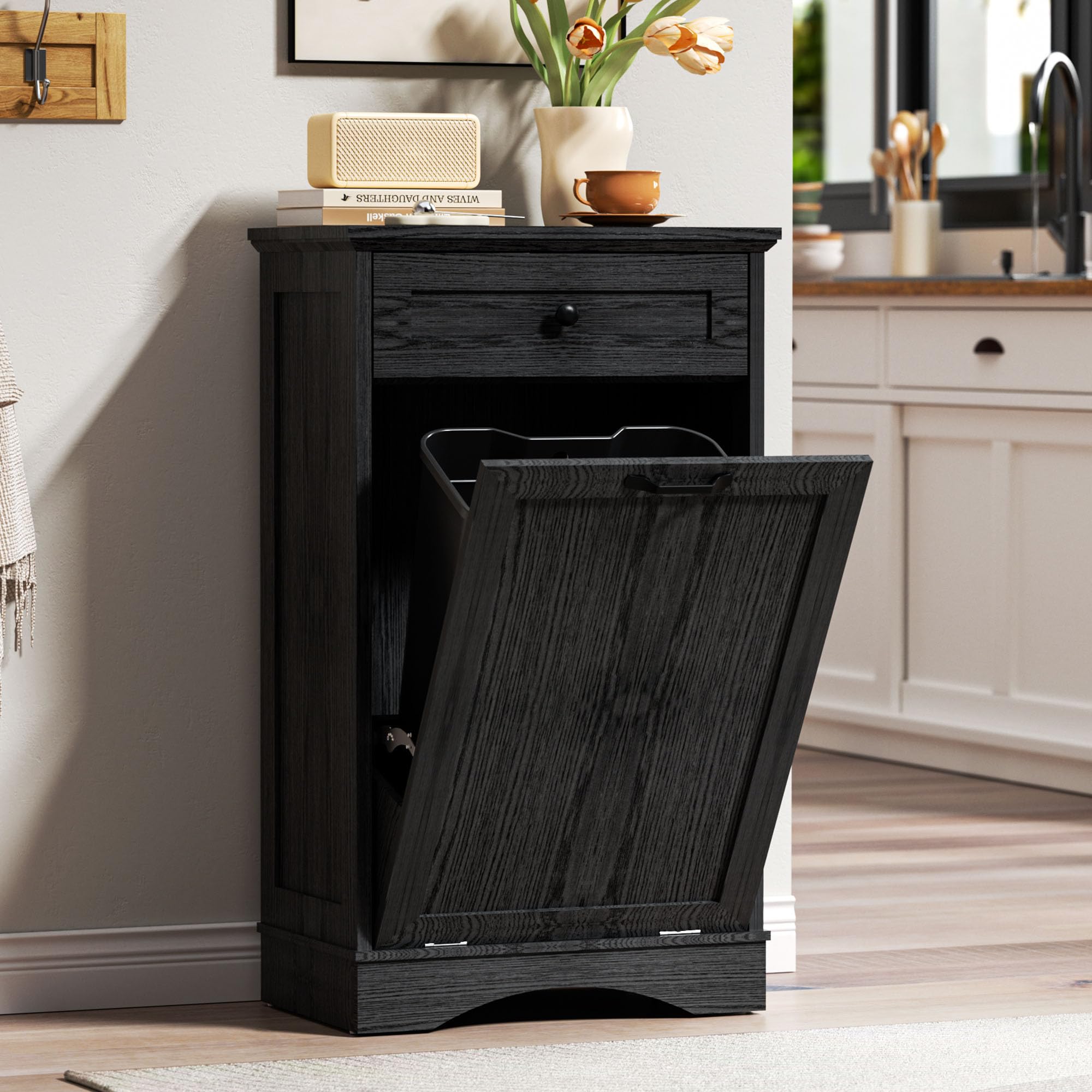 AHB Double Tilt Out Trash Can Cabinet Freestanding Kitchen Trash Can, 2x13 Gallons Hidden Garbage Recycling Cabinet with Hideaway Drawers Pet Proof Trash Can Holder for Kitchen, Antique White