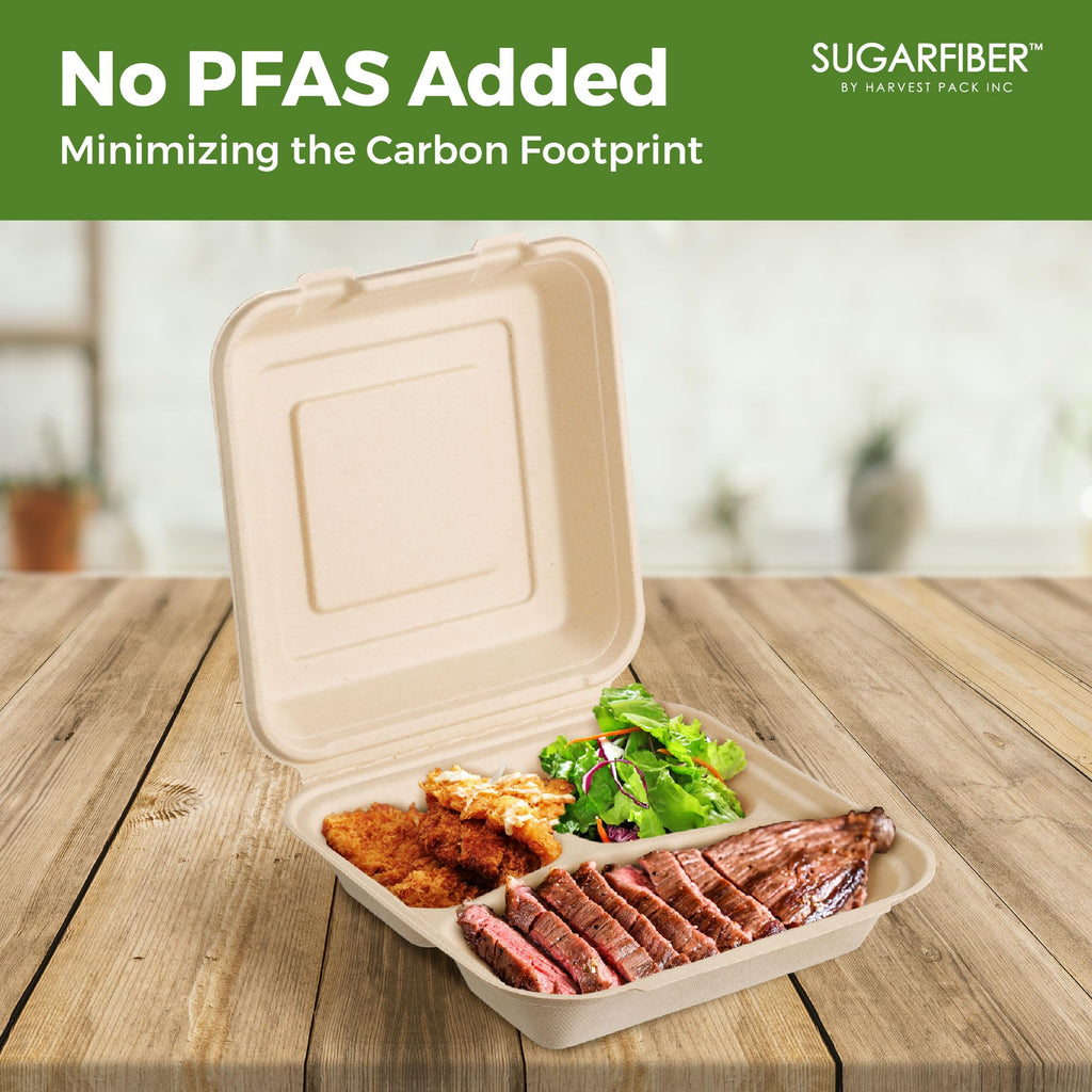 [50 COUNT]Harvest Pack 6 X 6" Compostable Clamshell Take Out Food Containers, PFAS FREE Square To go Containers with Lids, Heavy-Duty Disposable Bagasse Bento Cake Box, Eco-Friendly Sugarcane Fibers