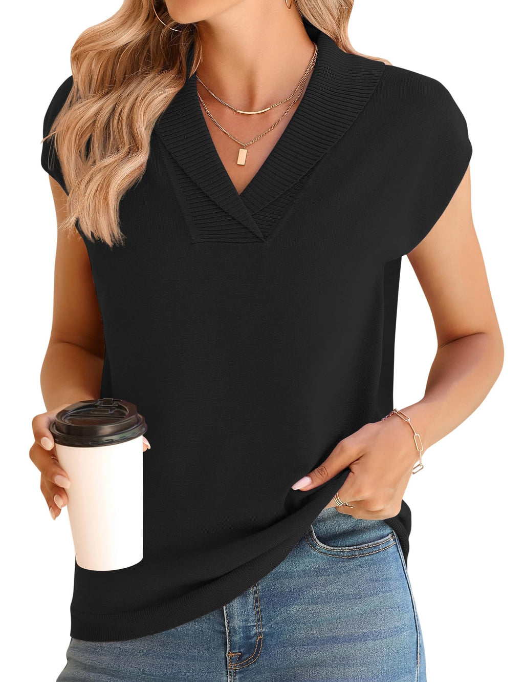 Ivicoer Sweater Vest Women V-Neck Knitted Pullover Short Cap Sleeve Collared Tops Dressy Casual 2025 Summer Fashion Trendy