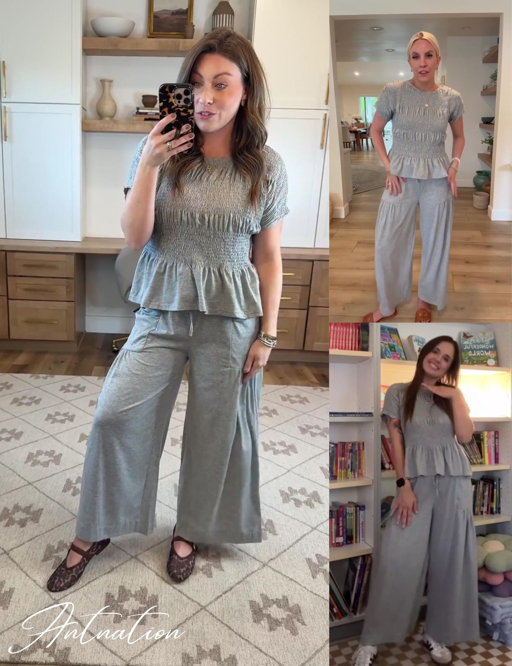 Antnation Womens 2 Piece Smocked Top Wide-Leg Pants Set High-Waisted Lounge Outfit with Pockets Casual Boho Matching Set