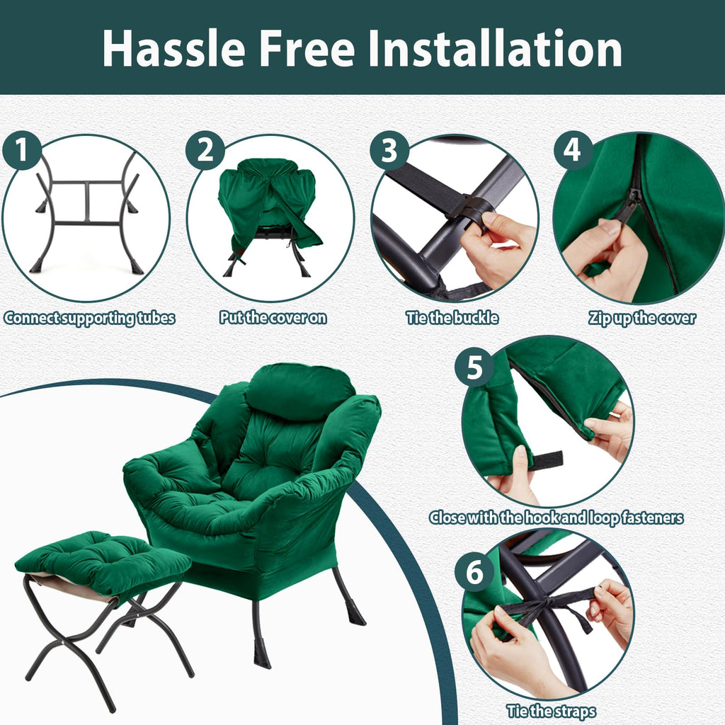 Youtanic Lazy Chair with Folding Ottoman, Accent Chair Velvet Upholstered with Metal Structure and Non-Slip Pads, Sofa Armchair with Footrest and Side Storage Bag for Dorm, Room, Office, Beige