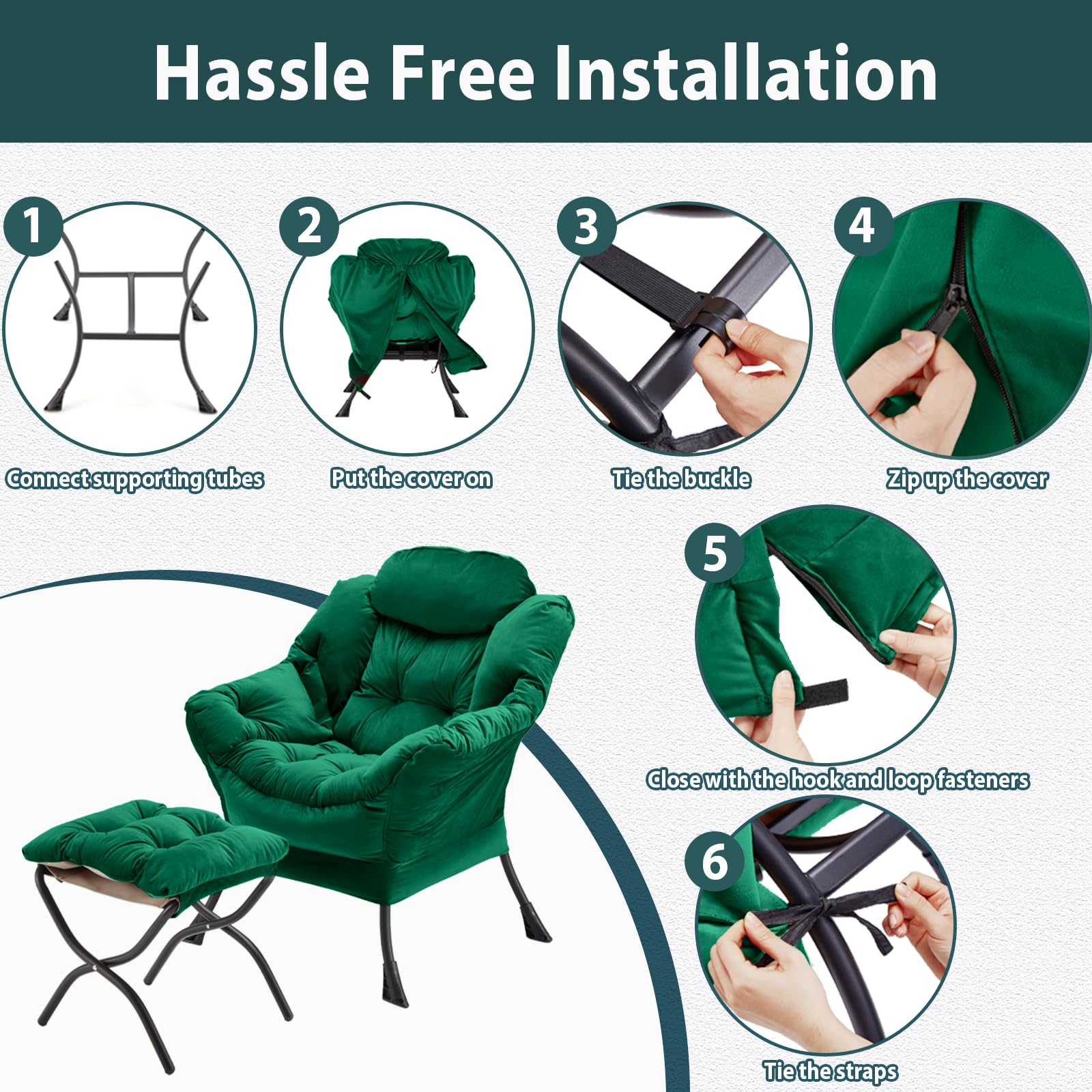 Youtanic Lazy Chair with Folding Ottoman, Accent Chair Velvet Upholstered with Metal Structure and Non-Slip Pads, Sofa Armchair with Footrest and Side Storage Bag for Dorm, Room, Office, Beige