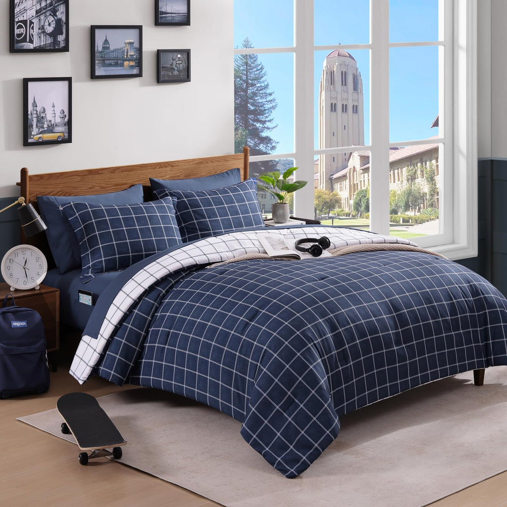 AMBERSPACE Plaid Twin XL Comforter Set Black, Reversible Checkered Bedding Set 5 Pieces for Boys Girls Teen, Lightweight Bed in a Bag for Dorm with Sheets, Pillowcase & Sham