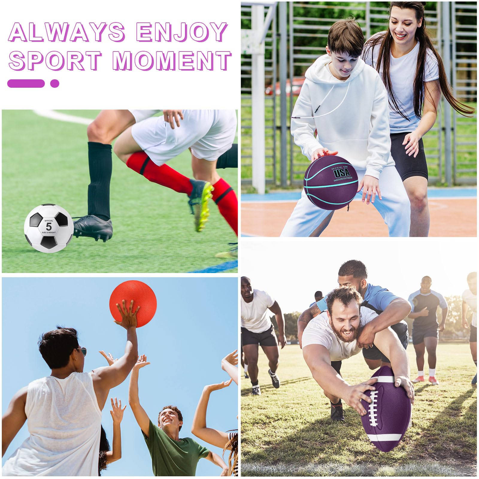 Lenwen 4 Pcs Sports Balls Set for Teen Adult, Include Official Size Basketball Soccer Football Playground Ball Pump Equipment Bag Ball Gifts Back to School