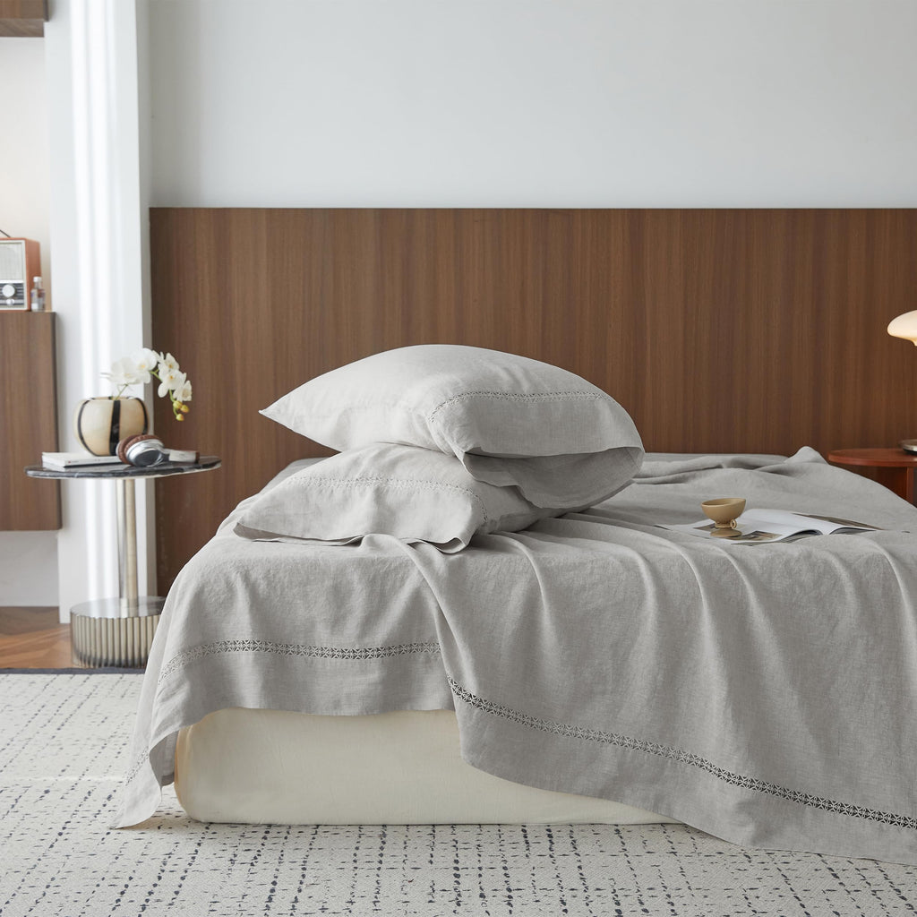 Simple&Opulence 100% Pure Linen Sheet Set Twin Size, Natural French Flax Solid Color 3 Pcs Washed Breathable, Farmhouse Bedding (1 Flat Sheet,1 Fitted Sheet,1 Pillowcase)-Embroidery Dark Grey