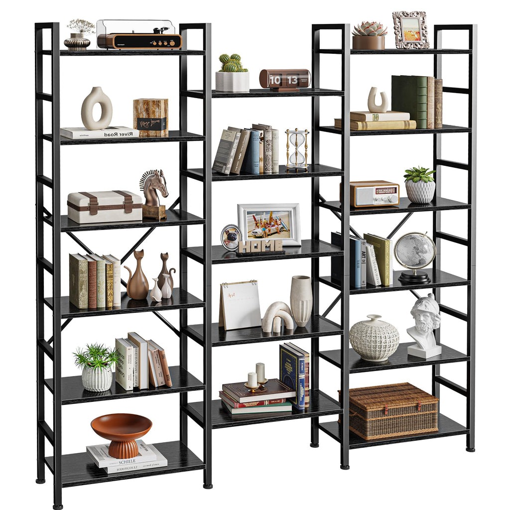 SUPERJARE Triple Bookshelf, Bookcase with 11 Open Display Shelves, Wide Book Shelf Book Case for Home & Office, 4 Tier, Black