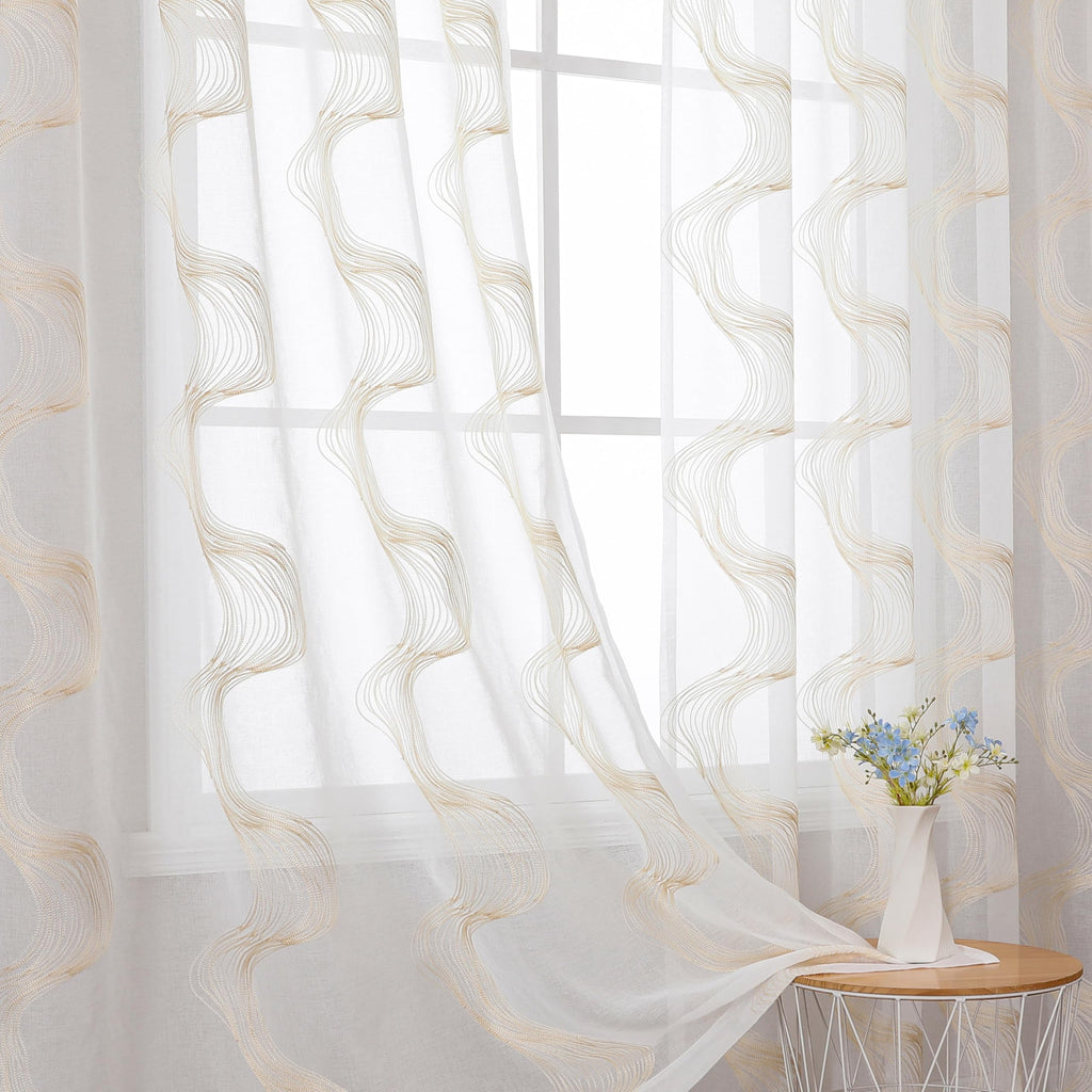 VISIONTEX Sheer Curtains 63 Inches Long 2 Panels Set, Beige and Ivory Moroccan Embroidery Texture Geometric Rod Pocket White Voile Tulle Semi Window Treatment Pair for Bedroom, W54 x L63