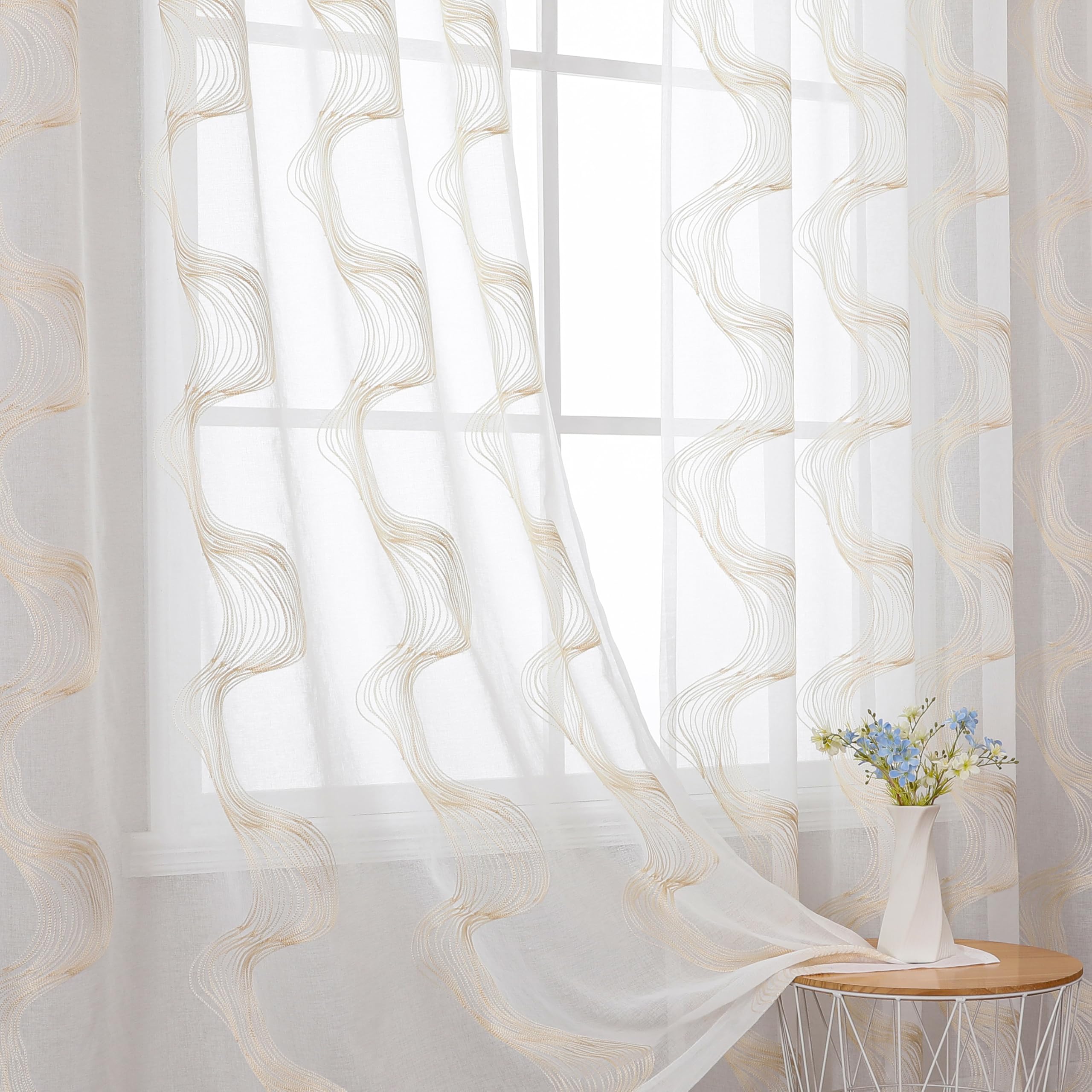 VISIONTEX Sheer Curtains 63 Inches Long 2 Panels Set, Beige and Ivory Moroccan Embroidery Texture Geometric Rod Pocket White Voile Tulle Semi Window Treatment Pair for Bedroom, W54 x L63
