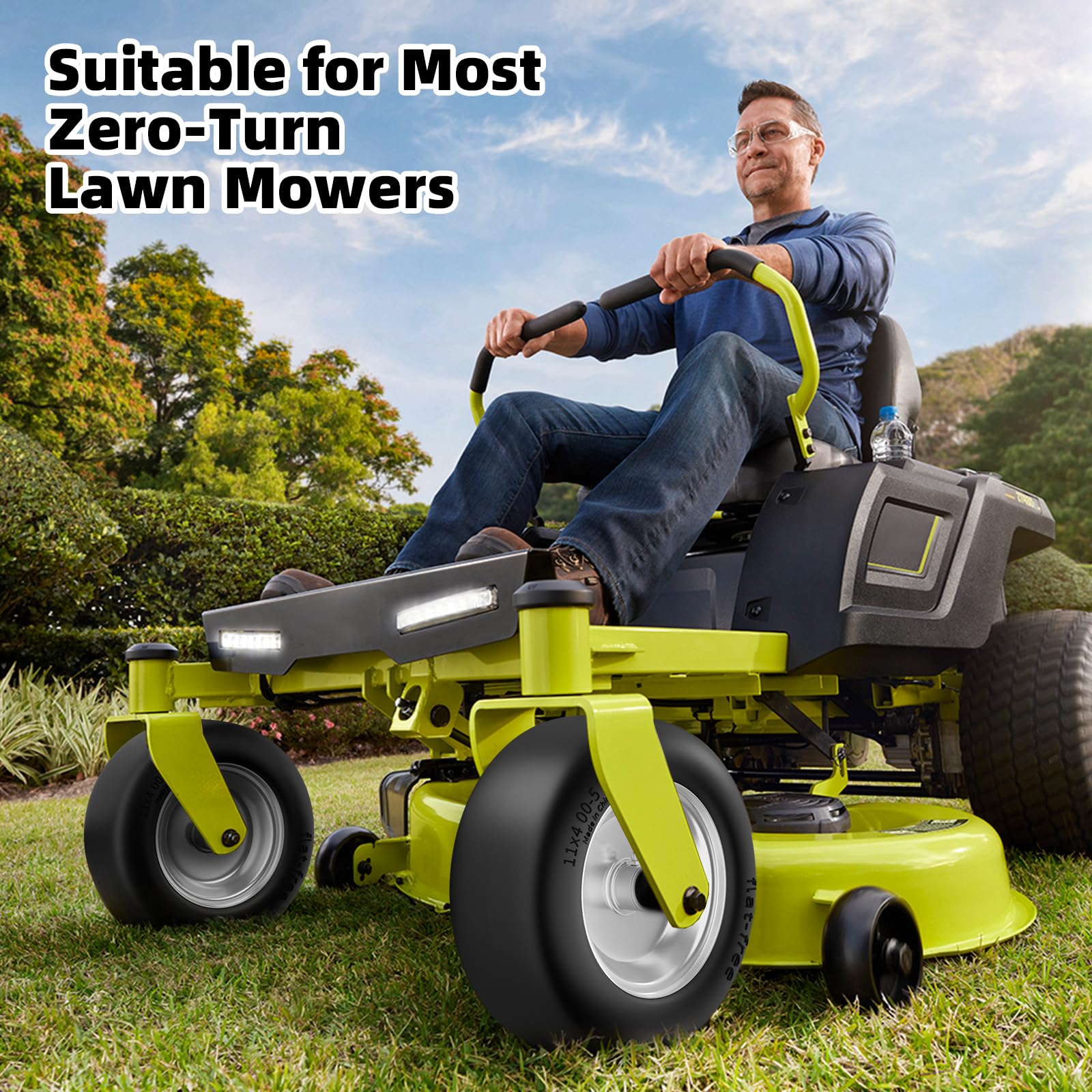 RONPOW 11x4.00-5 Lawn Mower Tires Flat Free and Wheel, 11x4-5 Solid Front Tires for Zero Turn Mower, 350Lbs Load, 3/4", 5/8" and 1/2" Bearings, 3.4"-5.8" Hub for Residential Commercial, 2Pack Gray
