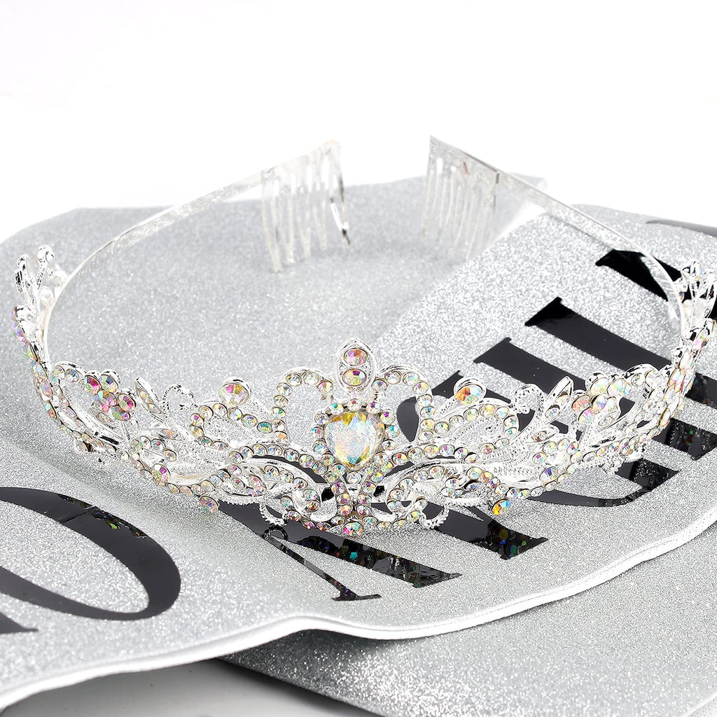 COCIDE Birthday Silver Tiara and Crowns Kit - Silver Tiara, Crown, Sash, Rhinestone Headband, Glitter Sash for Women & Girls Birthday Party Decorations