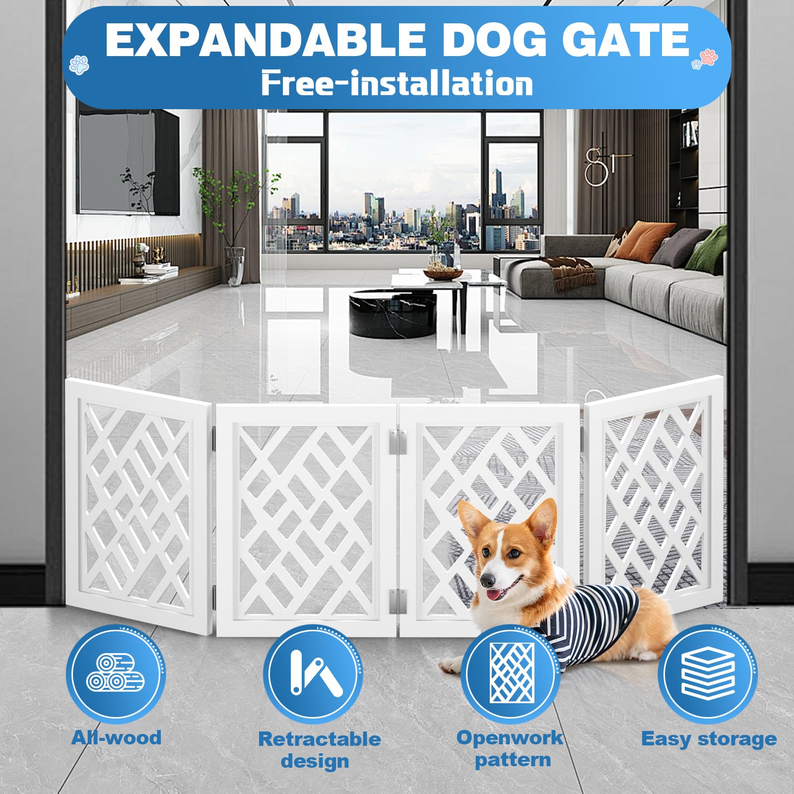Cut-Out Design 16" Short Dog Gate for Small Dogs, Foldable Retractable Puppy Gate Indoor - Freestanding Lightweight Pet Barrier for Doorways, Stairs, Hallways (Extends to 35", White)
