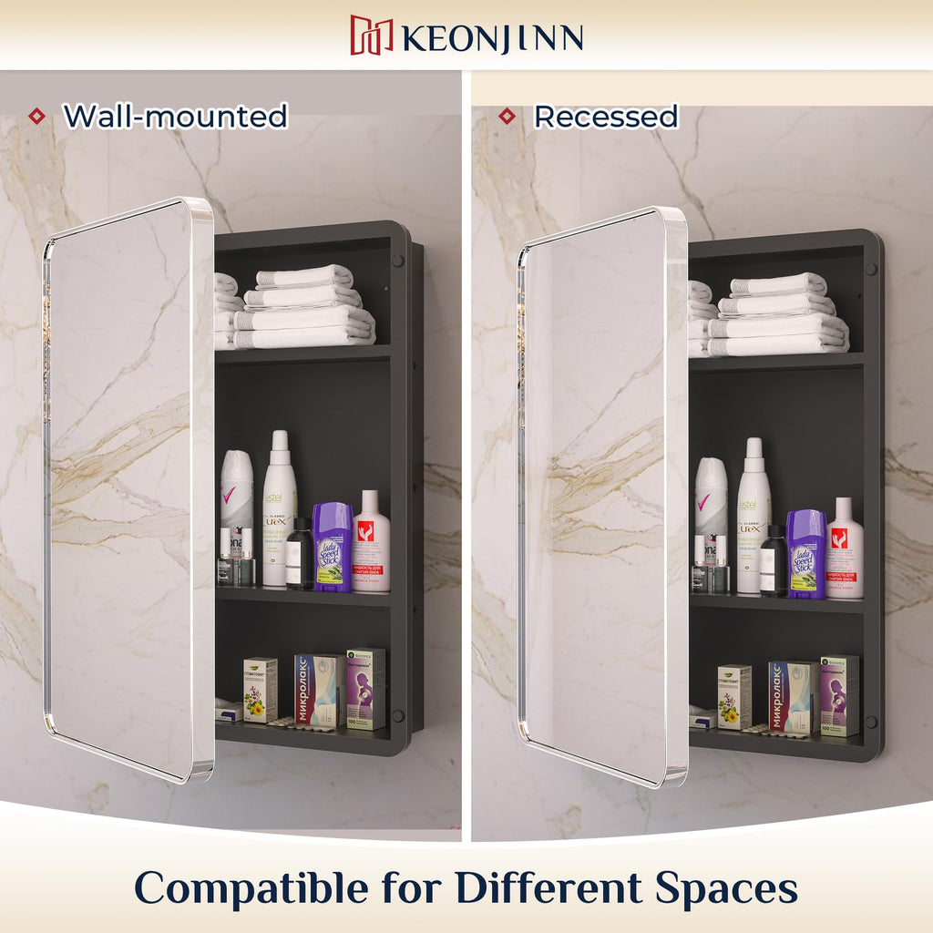 Keonjinn 15 x 36 Inch Black Slim Medicine Cabinets, Narrow Bathroom Side Medicine Cabinet with Mirror, Stainless Steel Framed, Adjustable Shelves, Recessed or Wall Mount, Modern Farmhouse