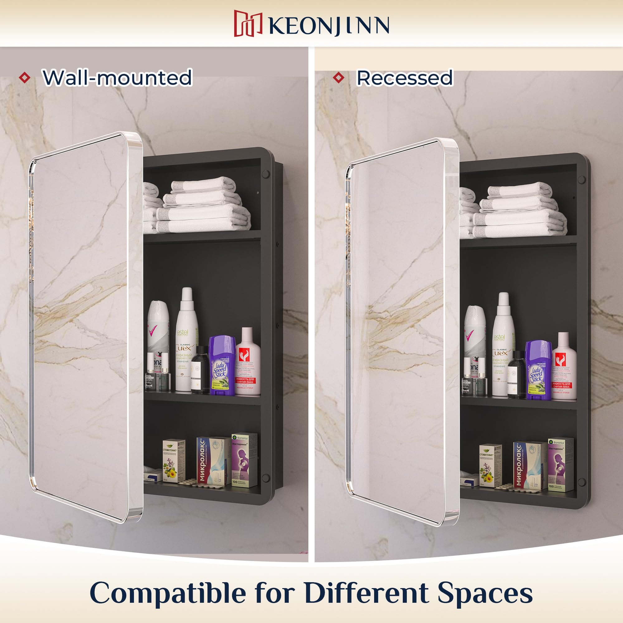 Keonjinn 15 x 36 Inch Black Slim Medicine Cabinets, Narrow Bathroom Side Medicine Cabinet with Mirror, Stainless Steel Framed, Adjustable Shelves, Recessed or Wall Mount, Modern Farmhouse