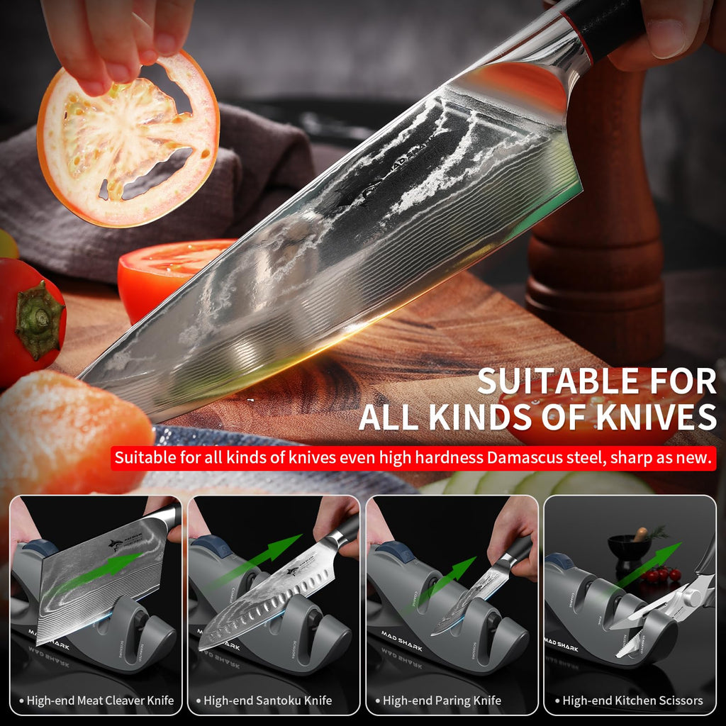 MAD SHARK 1-Button 3-Stage Knife Sharpener - Adjustable Diamond & Ceramic, No-Scratch ABS Body for All Kitchen/Pocket Knives,Repairs, Sharpens & Polishes,One-Handed Operation with Non-Slip Base