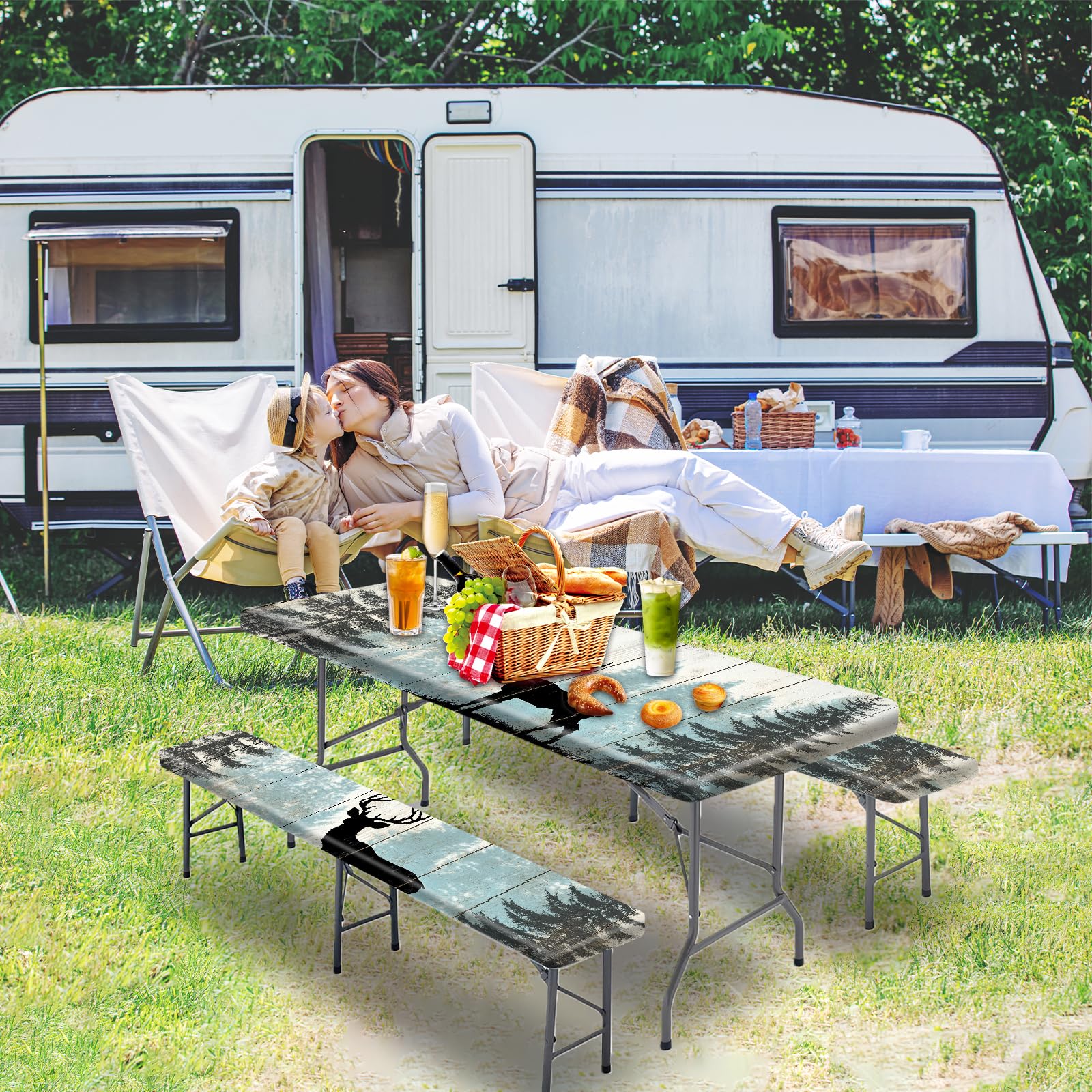 Park Picnic Table Cover with Bench Covers Lightweight Camping Essentials, Oil-Proof Waterproof 3PCS Tablecloth with Elastic, Fitted for Table 6FT Rectangle and Seats, American Flag Eagle (72x30in)