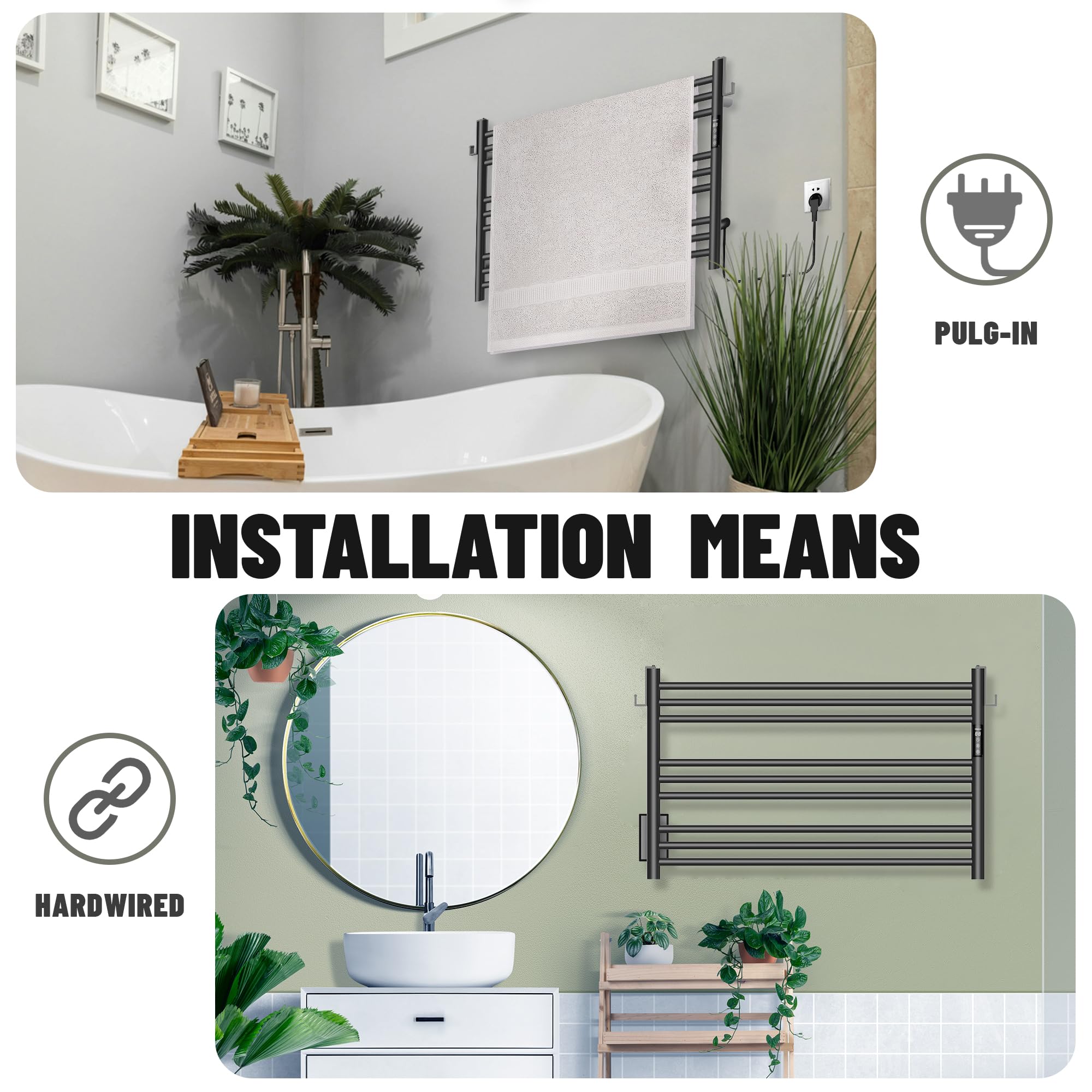 K&KALONZO Wall-Mounted 9-Bar Heated Towel Rack, Fast Heat in 2 Min, NTC Safety | 4 Timers & 3 Heat Levels Control, Plug-In/Hardwired, Top Hooks, Memory Function, Anti-Scald, Stainless Steel, EL13ML