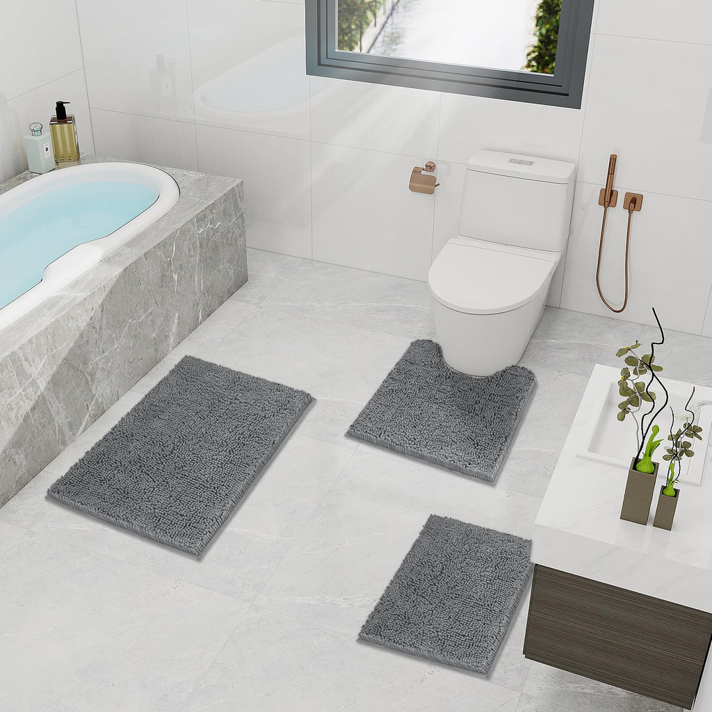 TREETONE Chenille Bath Mat 3 Pieces Bathroom Rugs Set, 20x20 Inches U-Shape Contoured Toilet Mat & 20x32 Inches Rug & Lid Cover,Water Absorbent Plush Rugs for Tub Shower & Bath Room -Beige