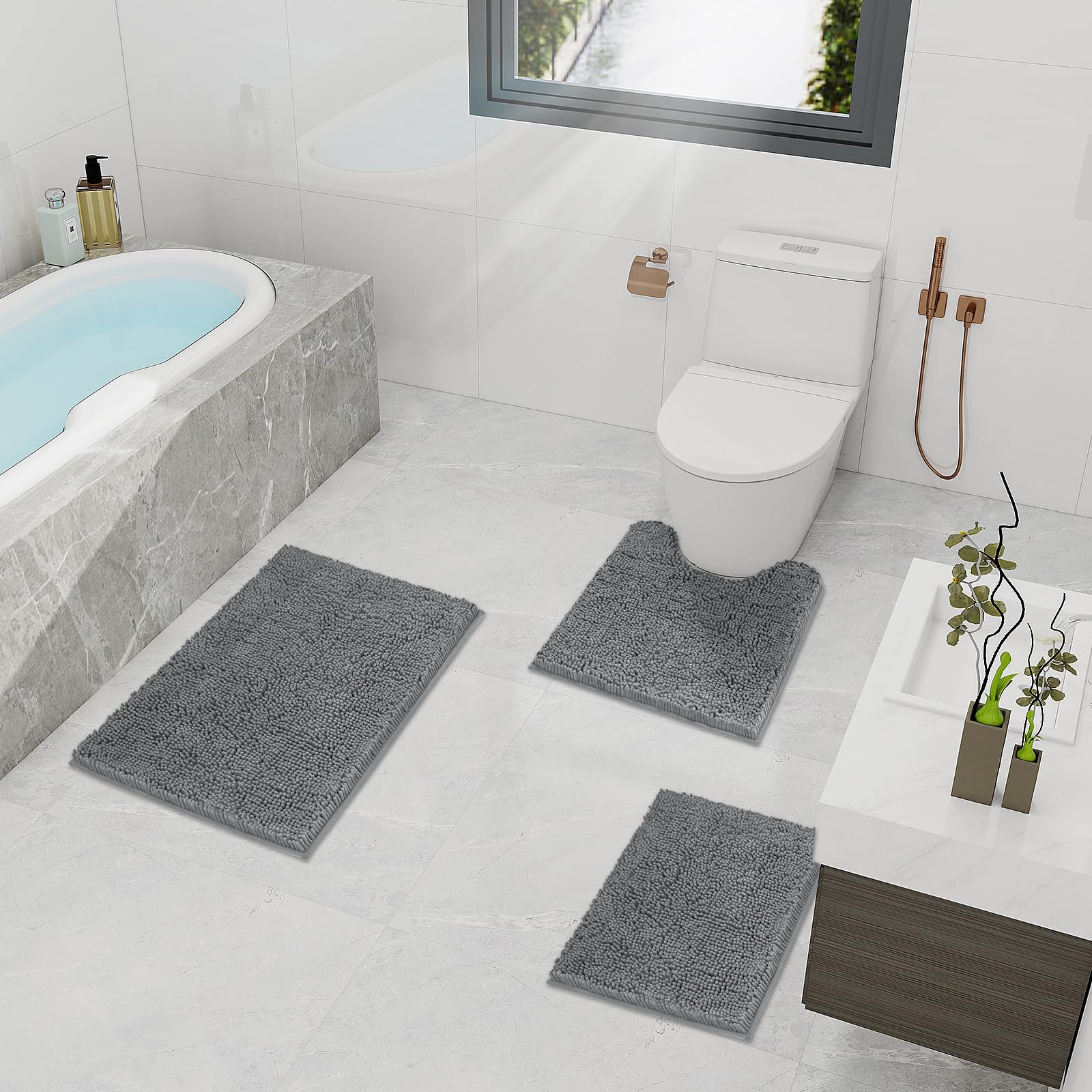 TREETONE Chenille Bath Mat 3 Pieces Bathroom Rugs Set, 20x20 Inches U-Shape Contoured Toilet Mat & 20x32 Inches Rug & Lid Cover,Water Absorbent Plush Rugs for Tub Shower & Bath Room -Beige