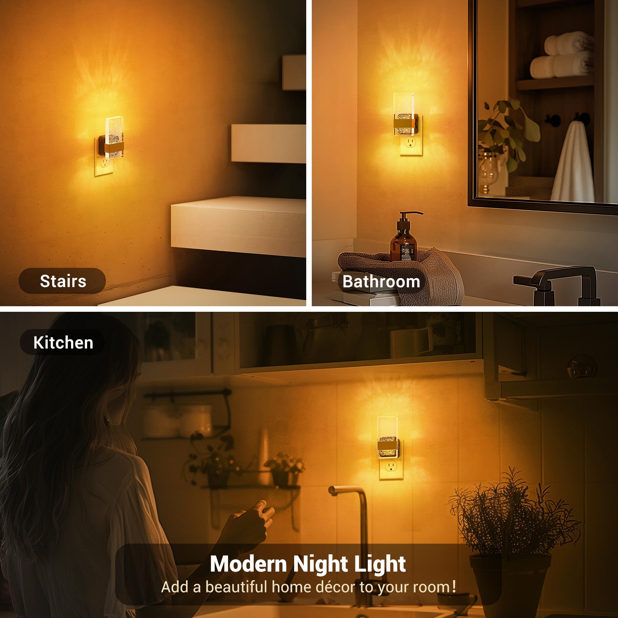 JandCase Night Lights Plug into Wall, Dusk to Dawn Sensor, 3000K Soft White LED, Acrylic Design, 0-100lm Adjustable Brightness, for Bedroom, Bathroom, Living Room, Hallway
