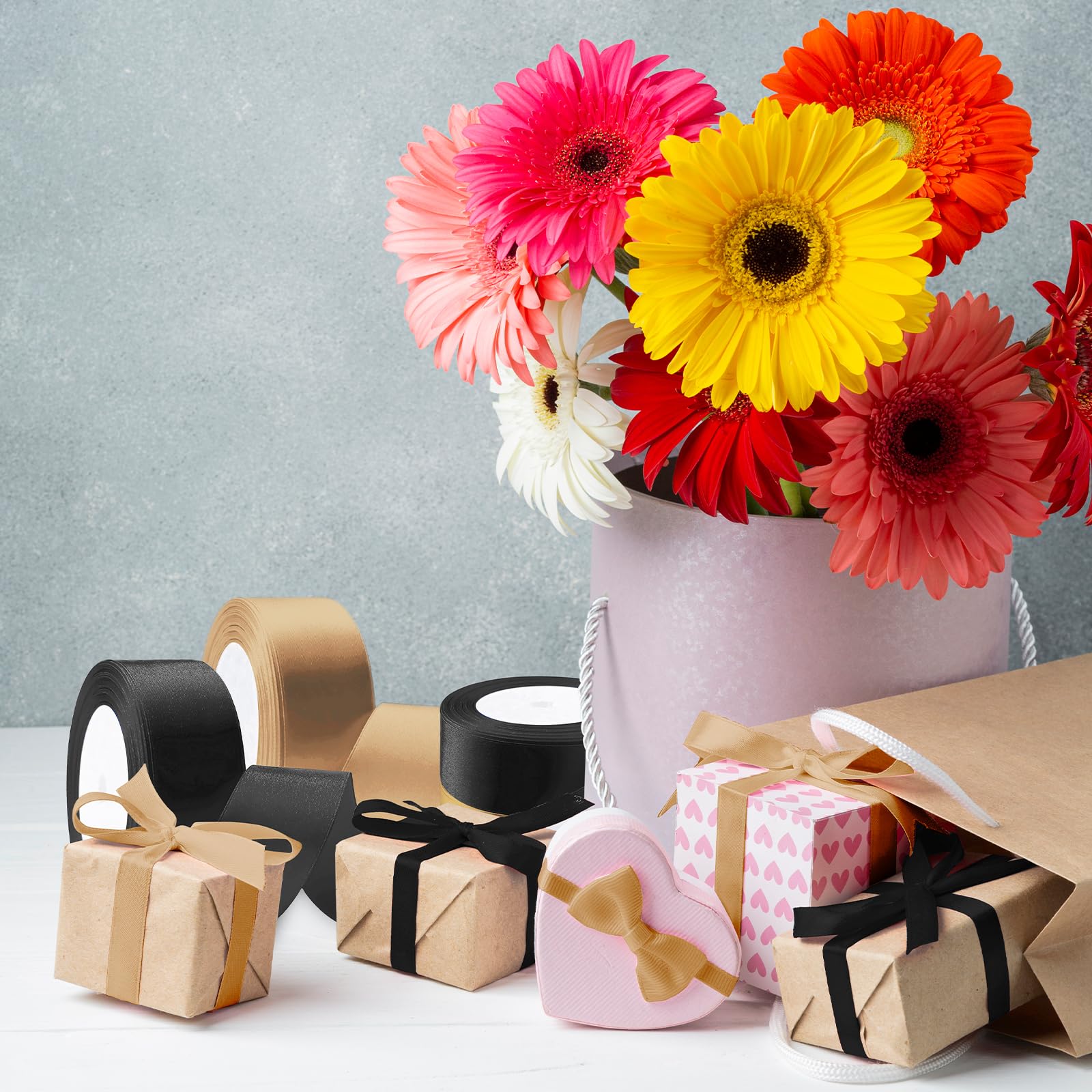 Flezoo 25 Yards Black Satin Ribbon 1 1/2inch, Single Face Polyester Silk Fabric Hair String Ribbon for Craft, Flower Bouquets, Gift Wrapping, Wedding, Bow Making and Valentines Decoration
