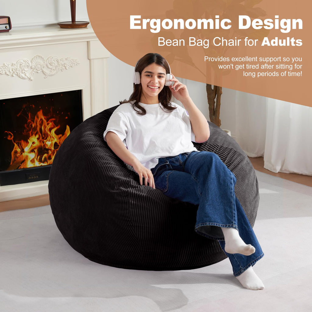 Homguava Bean Bag Chair,Teardrop Bean Bags Small Beanbag Chair with Memory Foam Filled and Ultra Soft Corduroy Cover for Living Room, Bedroom (Black 2FT)