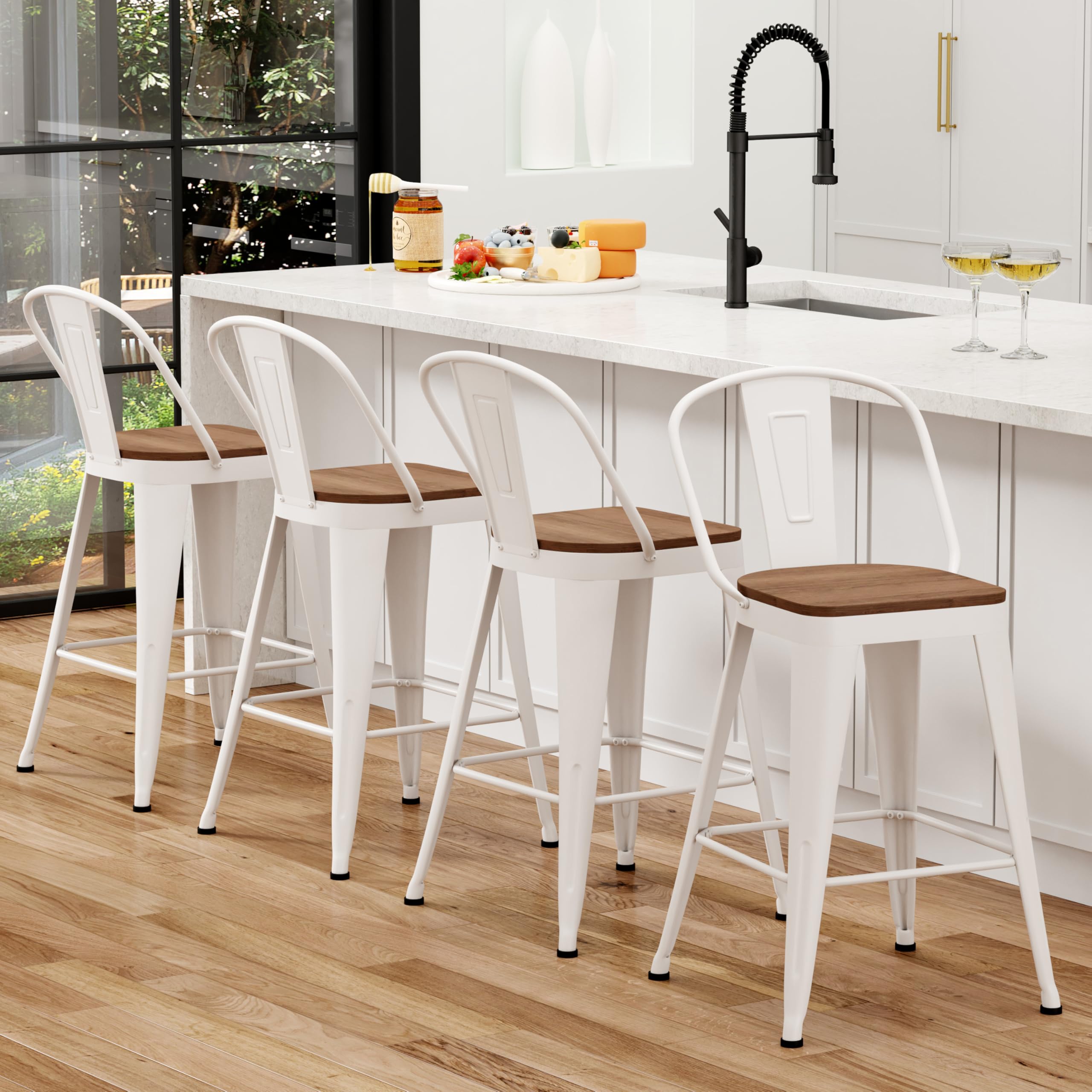Barstools Set of 4 Counter Height Bar Stools for Kitchen Island Farmhouse Metal High Back Bar Chairs Wooden Seat 24" Matte Black